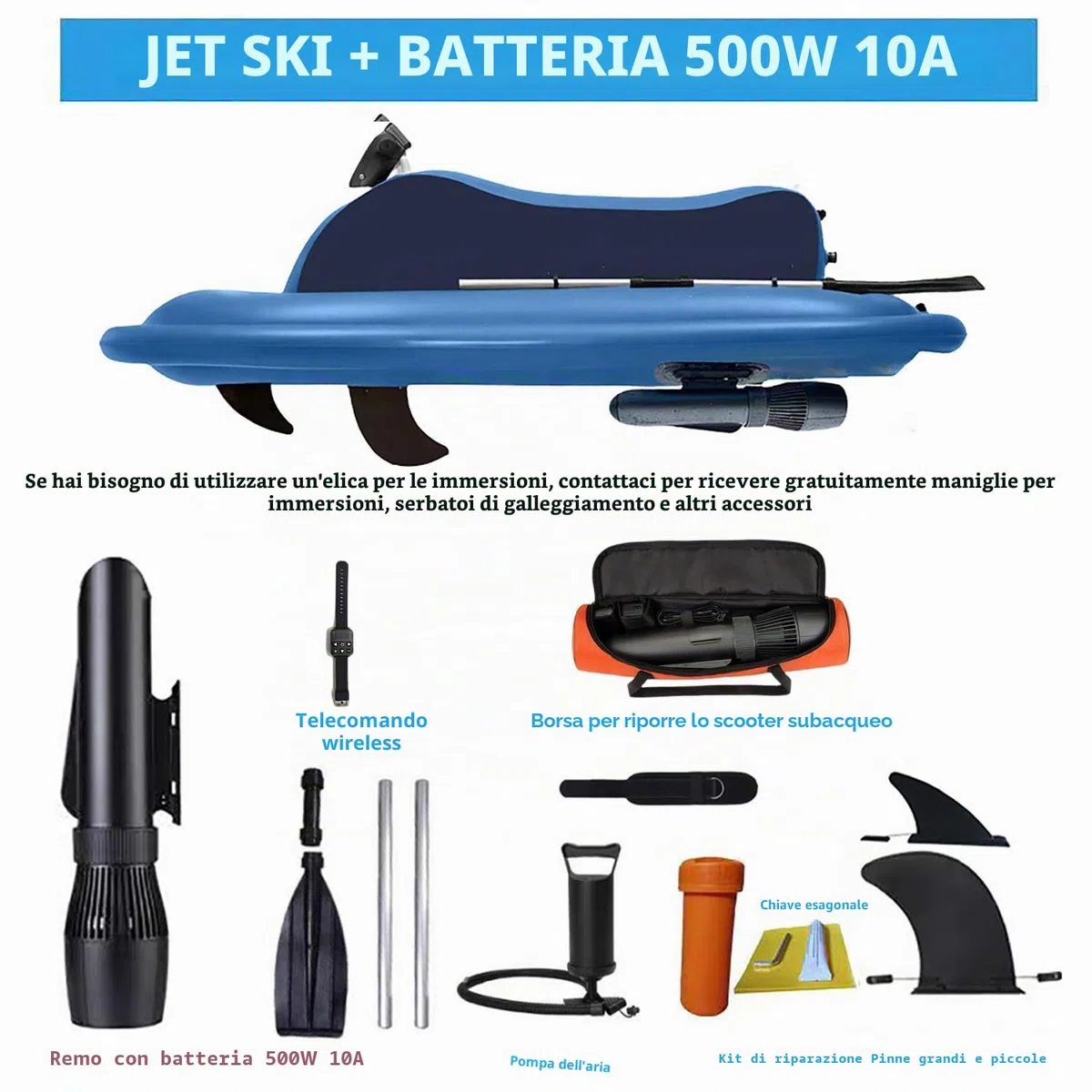 Motoscafo Elettrico Gonfiabile ad Acqua per 1-3 Persone, Jet Ski Barca Gonfiabile con propulsore subacqueo Staccabile, 10000 mAh/16000 mAh (Opzionale), capacità di 330 libbre.,500W10A