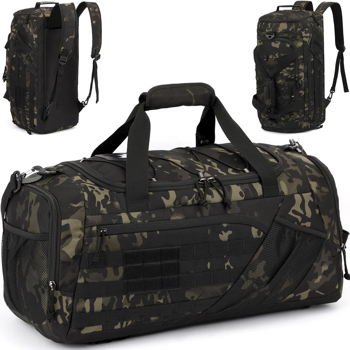 Borsone Palestra Tattica per uomo Donna 45L Borsa Sportiva Impermeabile con Porta Scarpe e Tasca Umida Zaino da Viaggio per Militare Fitness Sport Campeggio, Camo