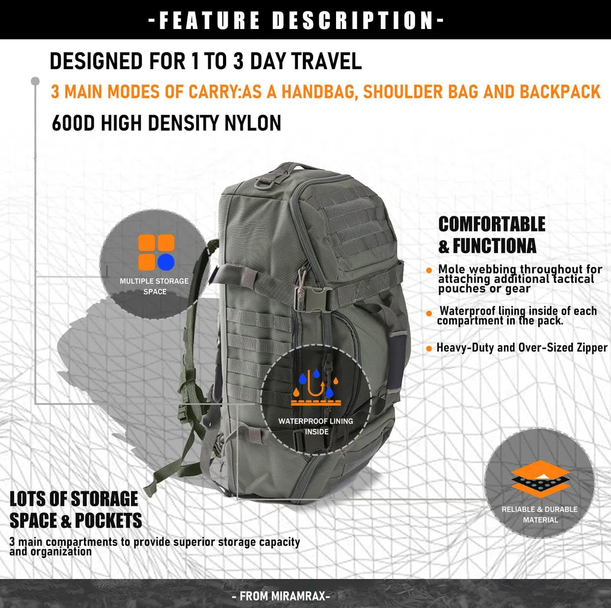 Miramrax Borsone da palestra – Borsa da viaggio per uomo e donna, borsa per allenamento militare, sport, pernottamento, basket, tattico, calcio, impermeabile e resistente agli strappi, Verde, 45l,