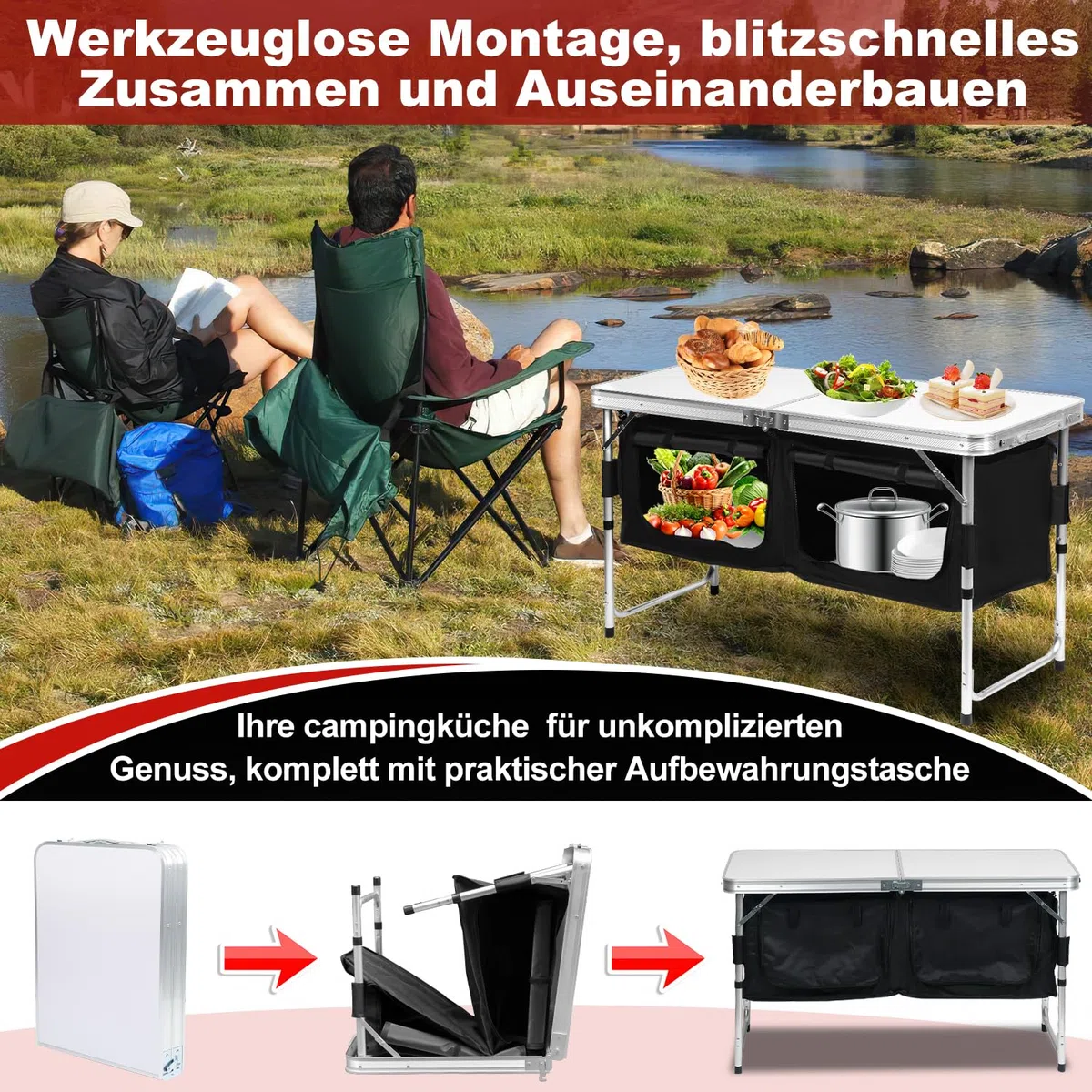 Cucina da campeggio, armadietto da campeggio con struttura in alluminio, pieghevole da campeggio con piano di lavoro resistente al calore, regolabile in altezza, per campeggio e esterni, con