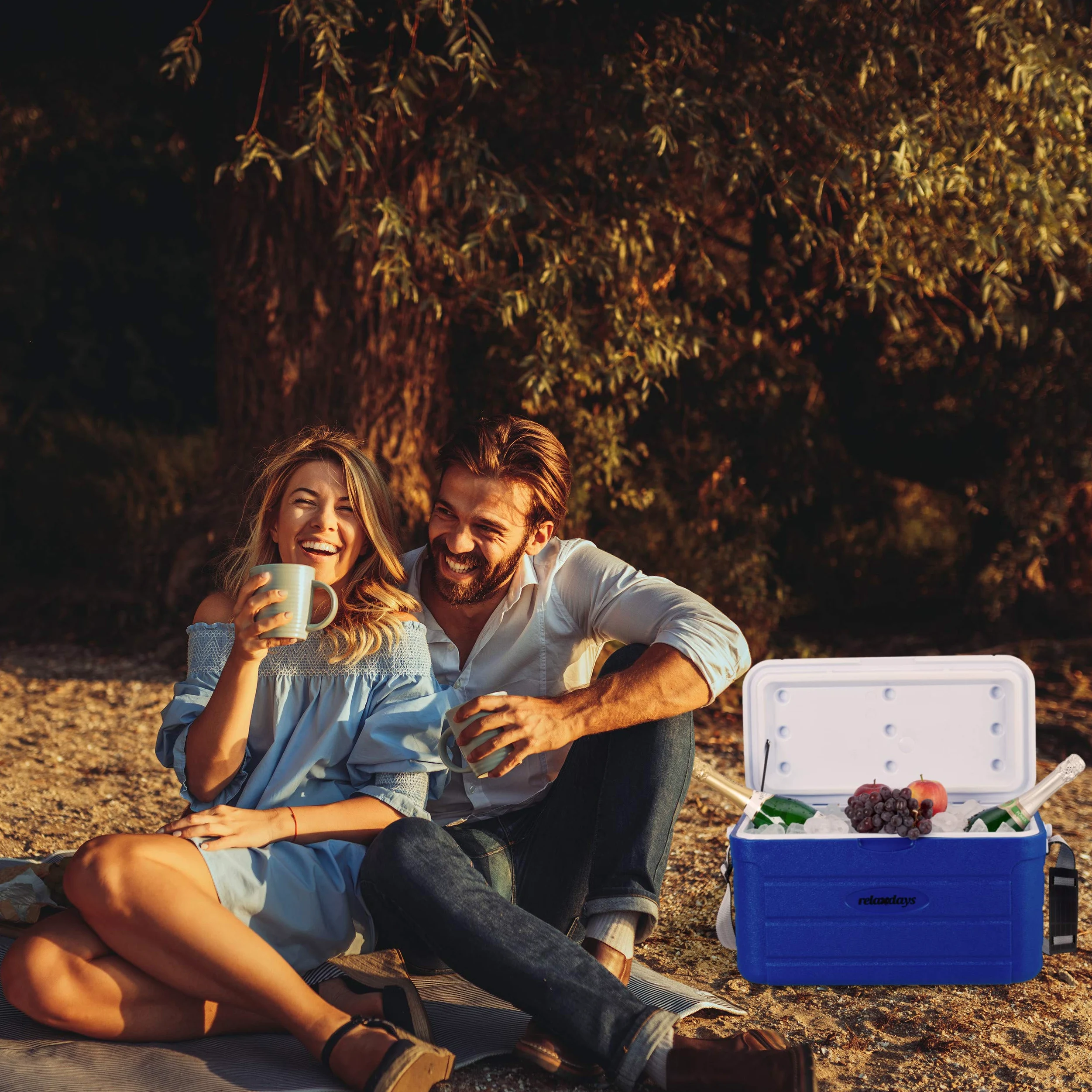 Relaxdays Frigo Portatile 20L, da Viaggio, Tracolla da Trasporto e Manico Senza Elettricità HLP 29 x 52,5 x 26,5 cm, Blu