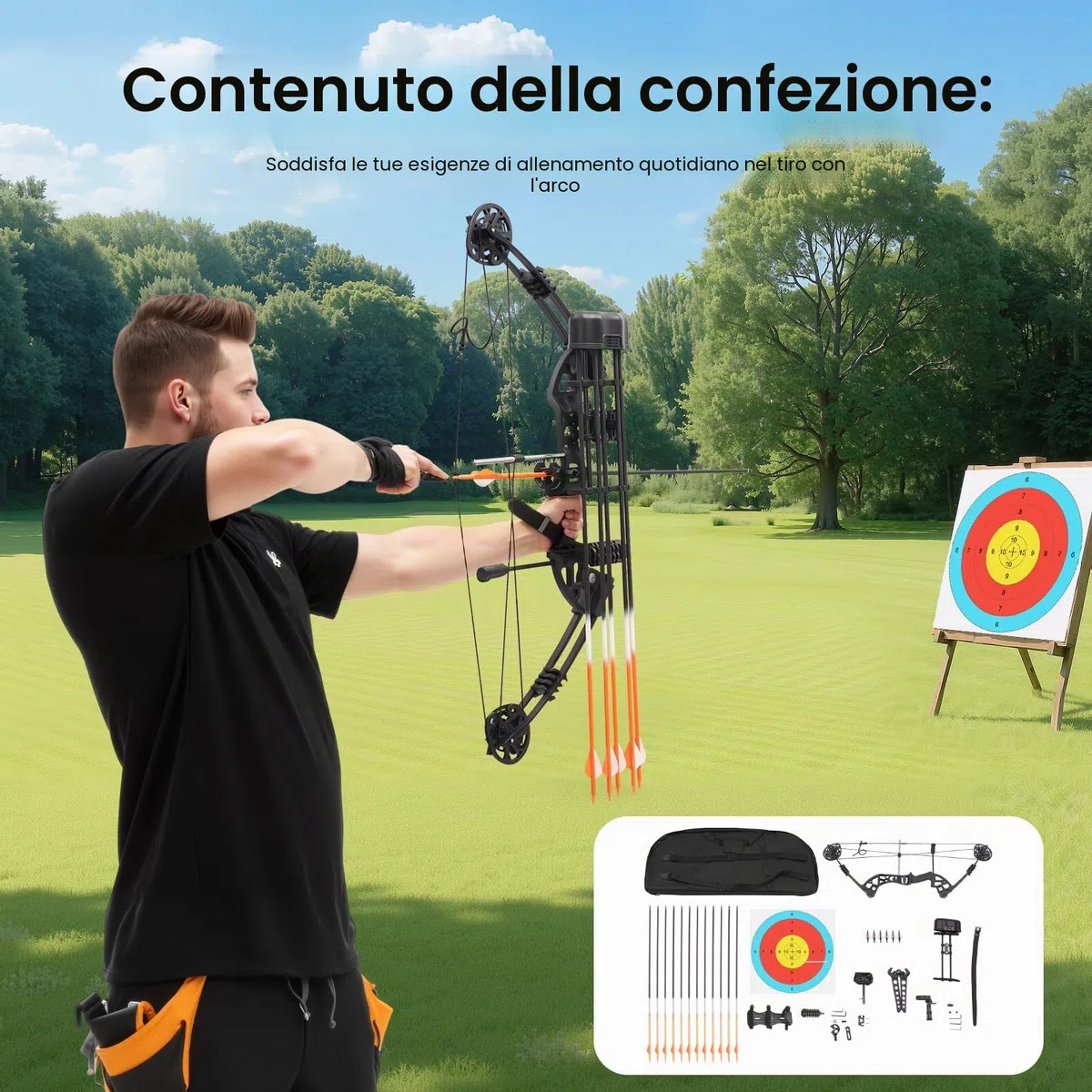 Arco composito per adulti, arco sportivo + 12 frecce, peso regolabile per attività all'aperto, caccia, tempo libero ed eventi sportivi