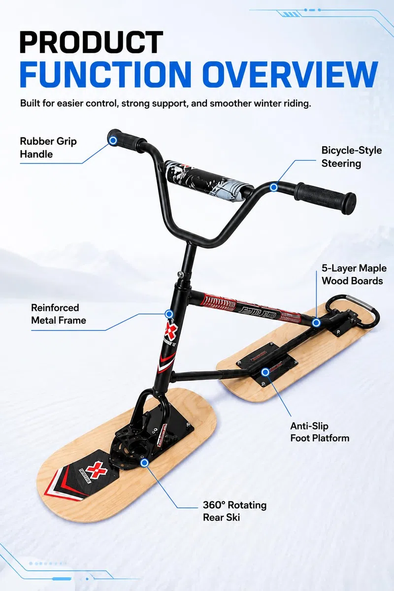 Monopattino Da Neve Adulti E Adolescenti, Struttura In Acciaio Rinforzato Doppio Sled Da Snowboard, Capacità 150 Kg, Sci In Legno Spesso Resistente Divertirsi Su Neve E Ghiaccio Naturalwoodcolor