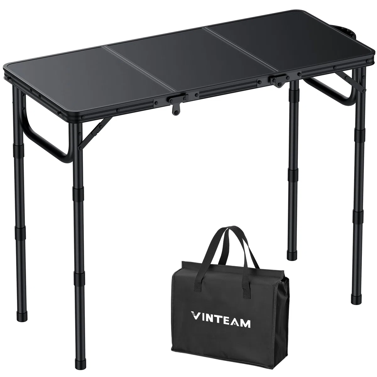 VINTEAM Tavolo da Campeggio 3 Pieghevole 87x40cm Tavolino da Giardino in Alluminio con 3 Altezze Regolabili (26/48/70 cm) Tavolo da Picnic Regolabile Piano in MDF per Giardino/Picnic/Spiaggi/BBQ -Nero