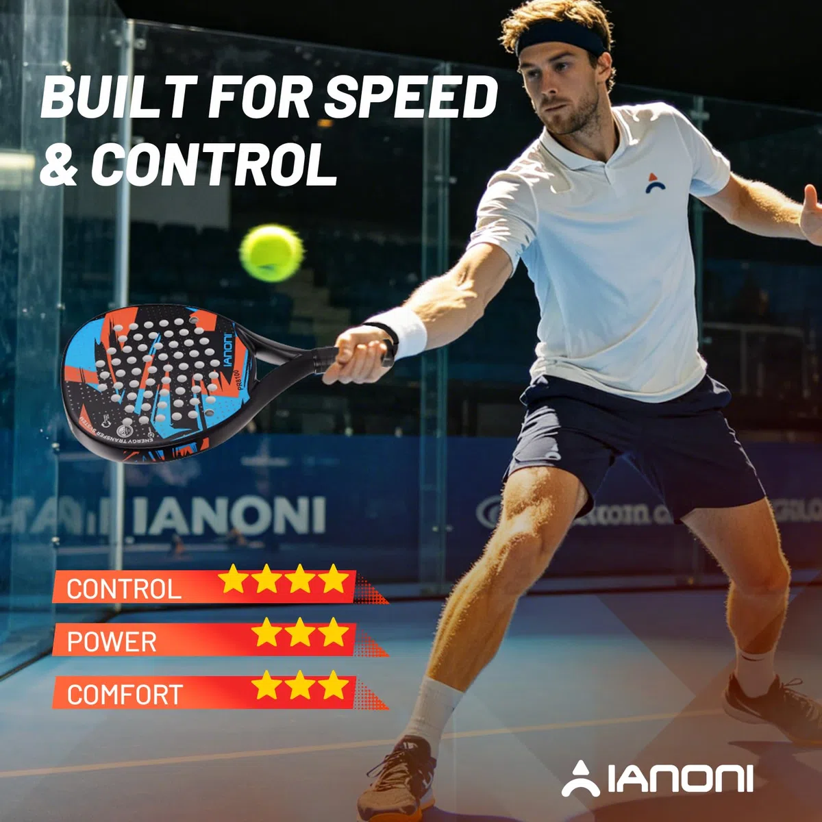 ianoni Racchetta da padel con superficie in fibra di carbonio con nucleo in schiuma EVA Memory Flex, arancione