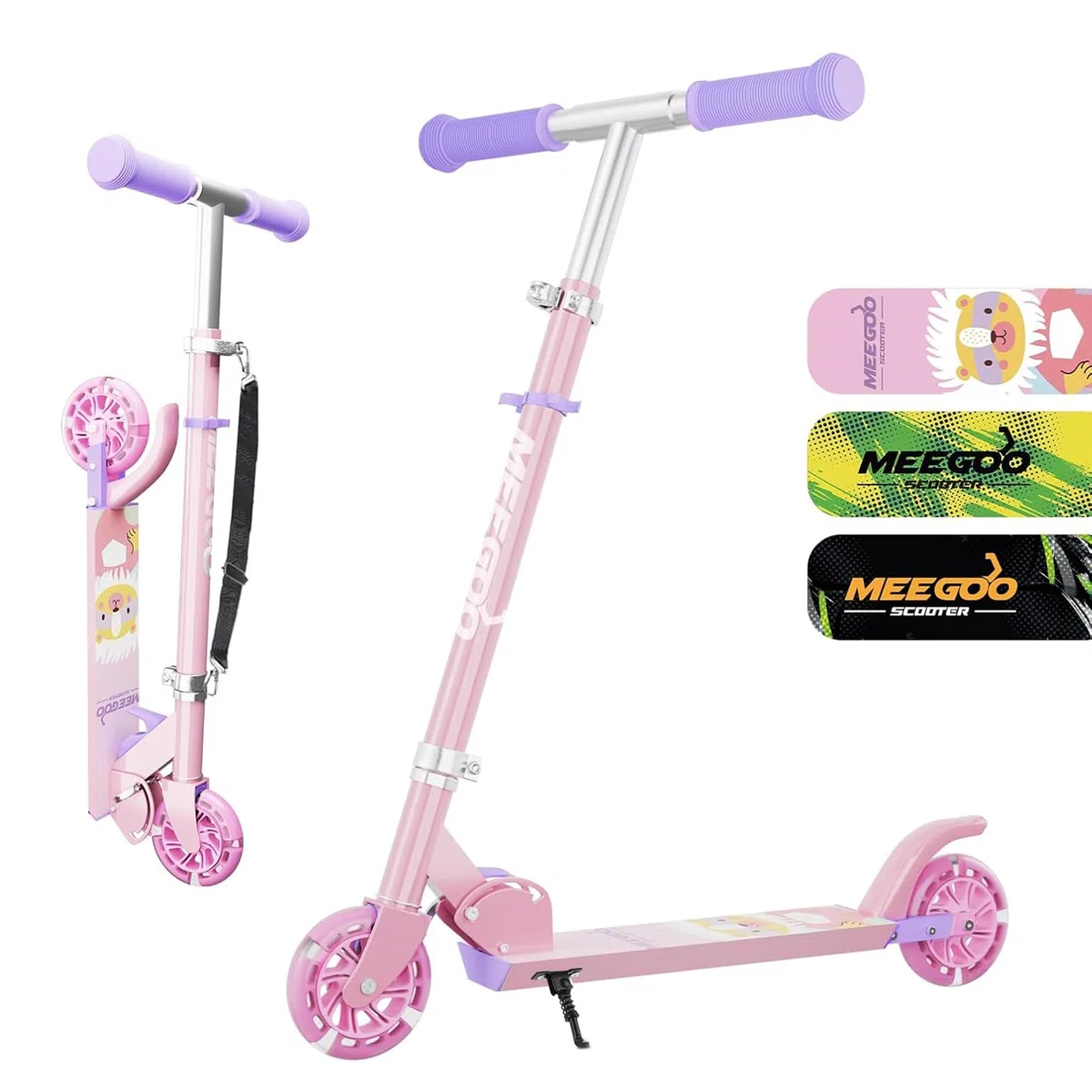 MEE GOO Monopattino pieghevole in alluminio, per bambini, altezza regolabile, con freno a mano e campana, per bambini di 8 anni e adulti