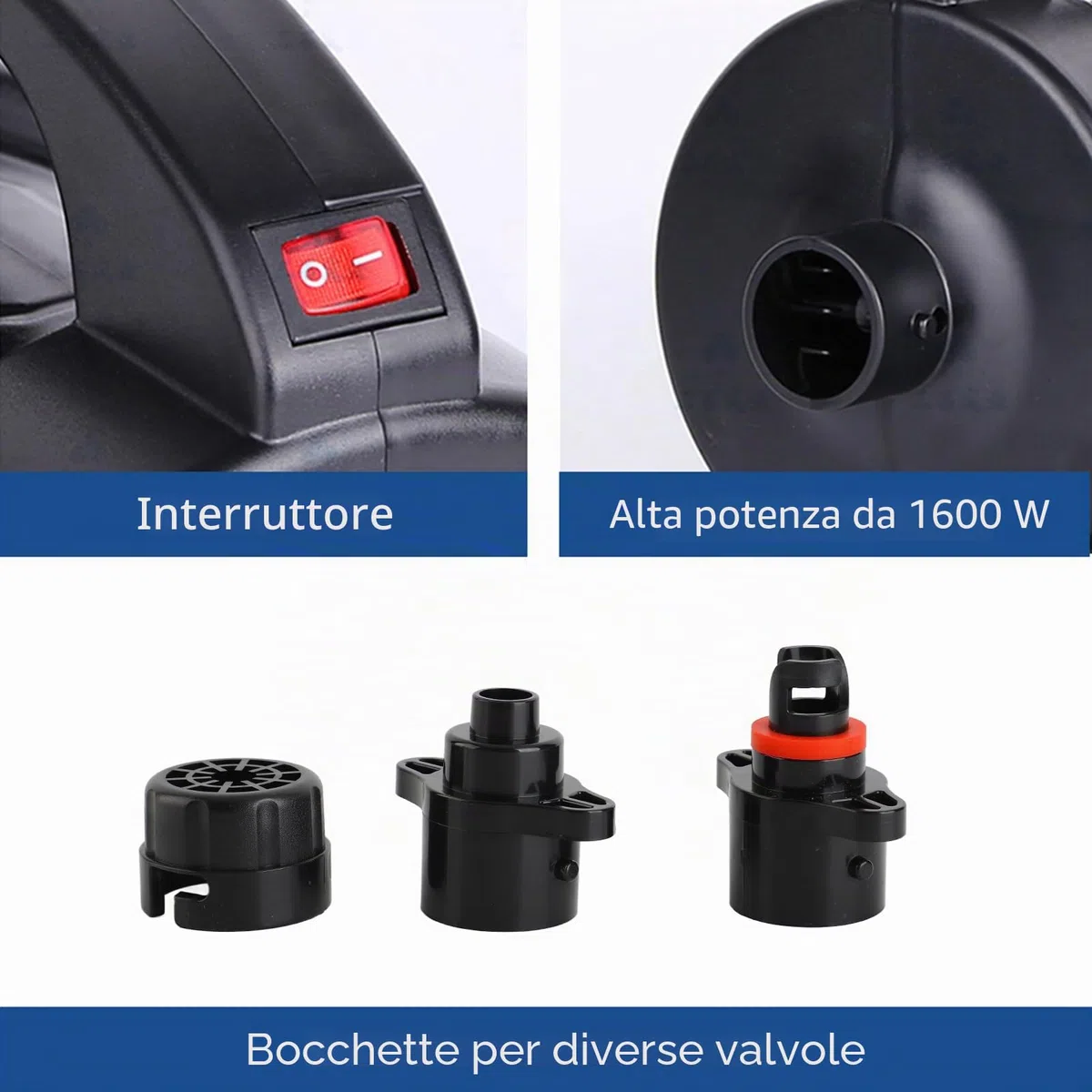 Kavolet 1600W Pompa Elettrica, Pompa Portatile per Materasso Gonfiabile a Rapido Gonfiaggio Pompa ad Aria Elettrica Gonfiatore Deflatore con 2 Ugelli per Schlauchboot, Tavola da Surf