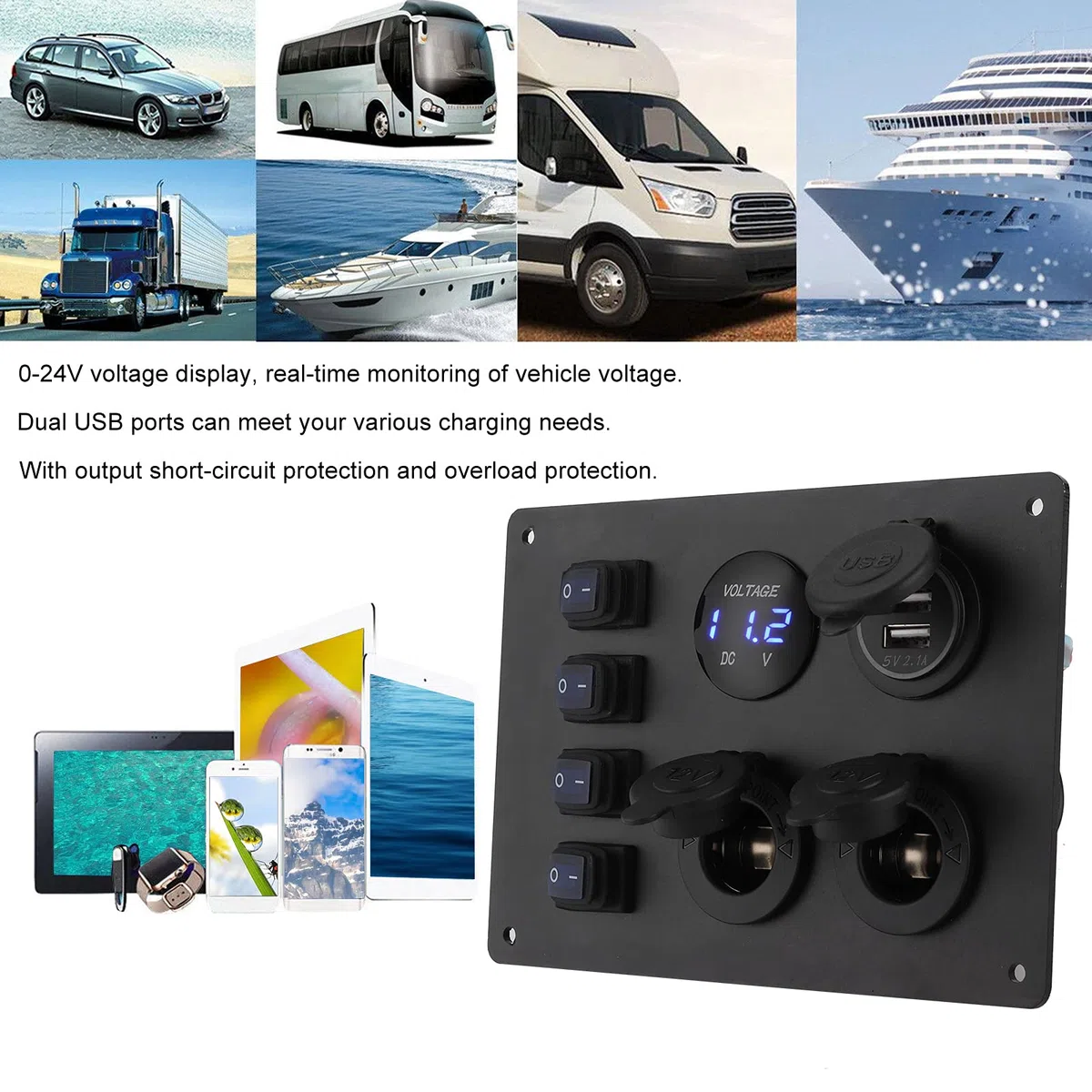 aqxreight - Pannello Interruttori a Bilanciere, Presa 12V Display Tensione Doppia Porta USB Pannello Interruttori a Bilanciere Impermeabile 4 Gang per
