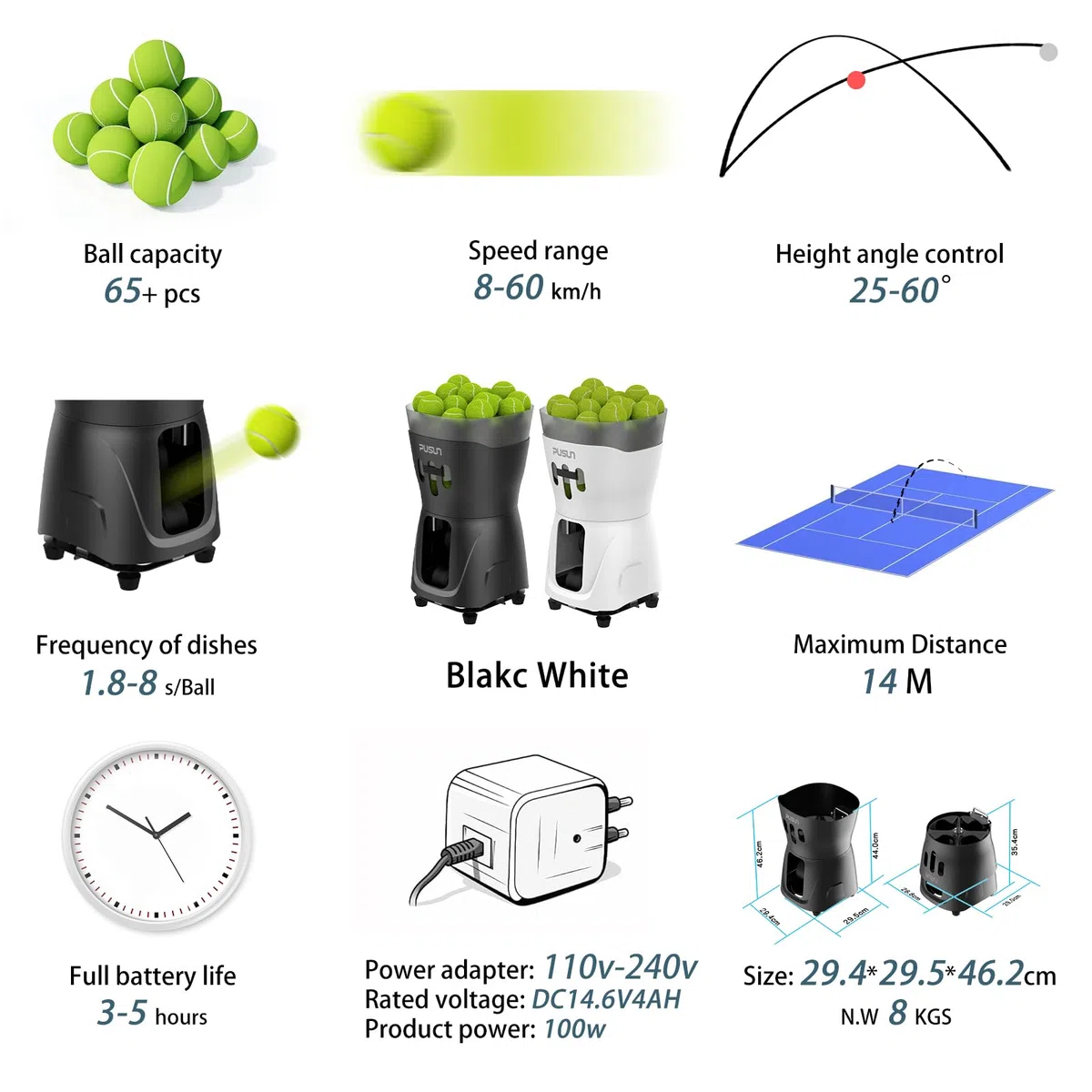 PT-Mini Pro - Macchina professionale per palline da tennis, automatico, con telecomando, controllo intelligente con app, tramoggia di oltre 65 palline, alimentata a batteria, attrezzatura per esercizi