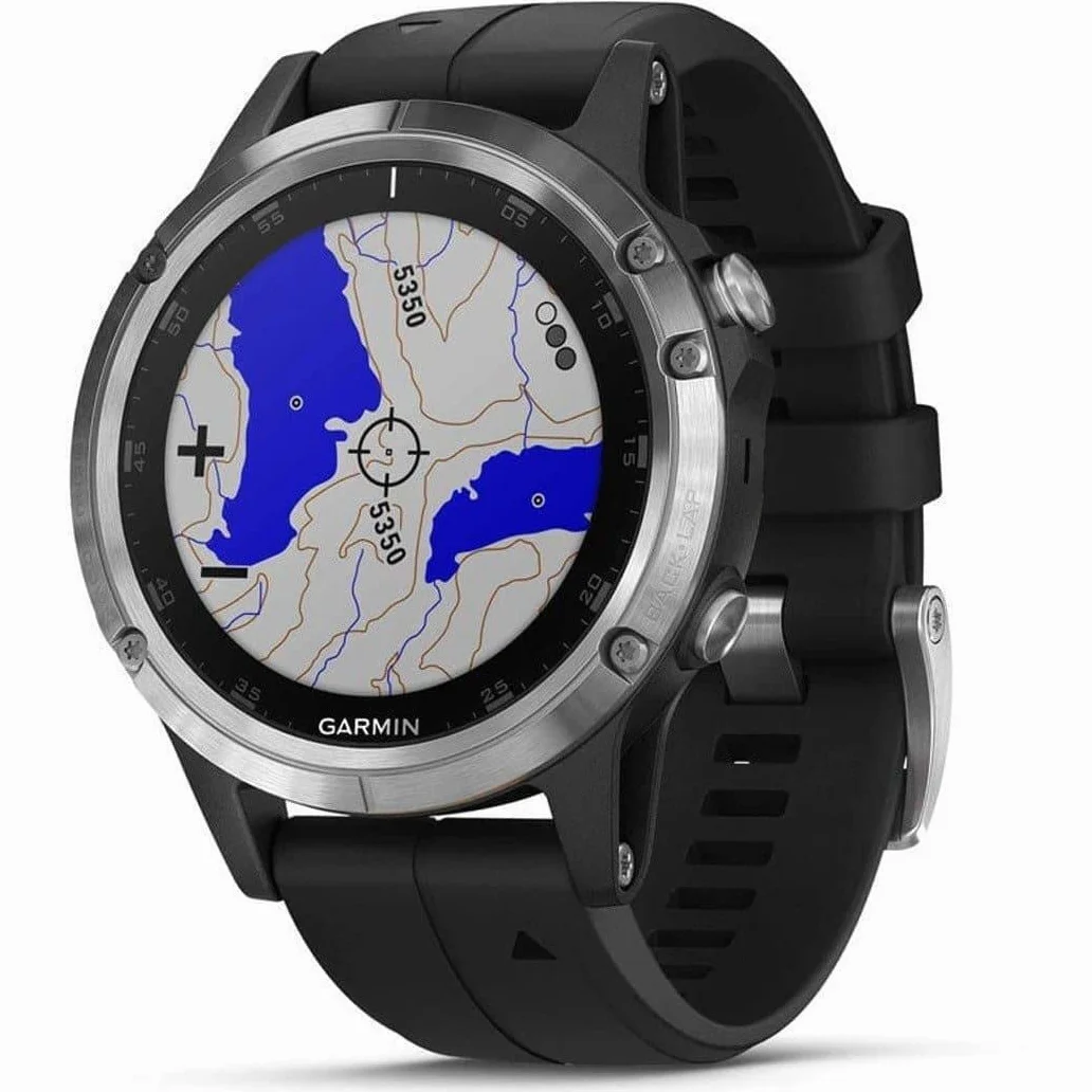 Garmin Fenix 5 Plus Smartwatch Multisport con Mappe GPS, Musica e Pagamento Contactless, Glass 47 Mm, Bussola/Giroscopio/Altimetro, Silver con Cinturino, Nero