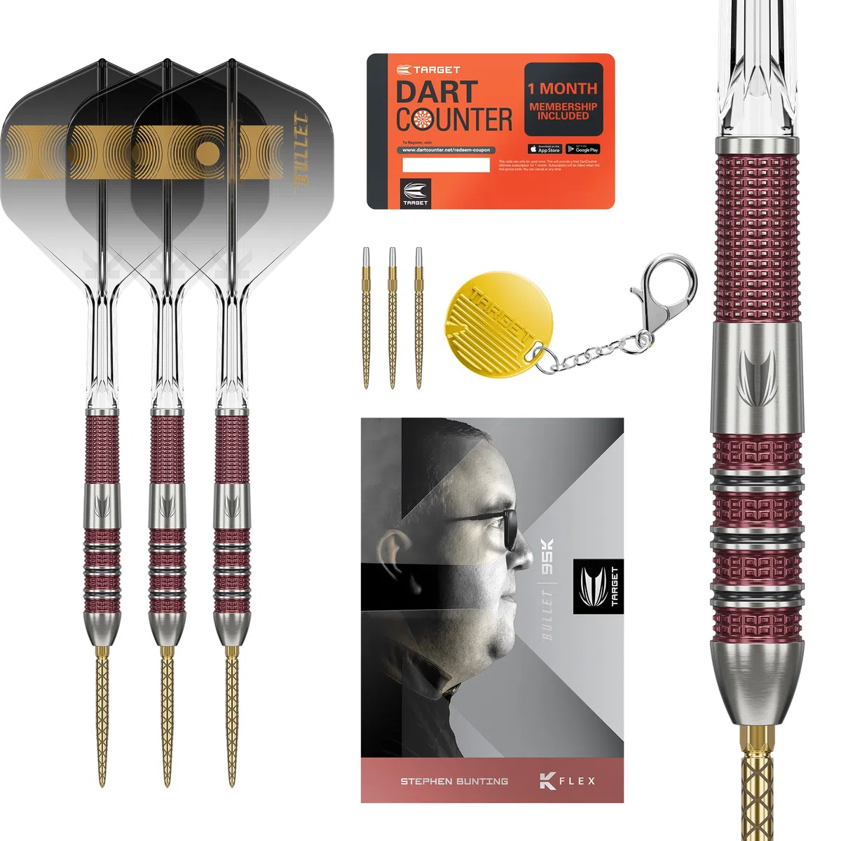Target Darts Stephen Bunting 95K Set Dardi in Acciaio Swiss Point, 18G/22G/23G | Alette e Aste Kflex, The Bullet Player Edition Freccette al 95% di Tungsteno, Punte DX Dorate Ricambio Portachiavi