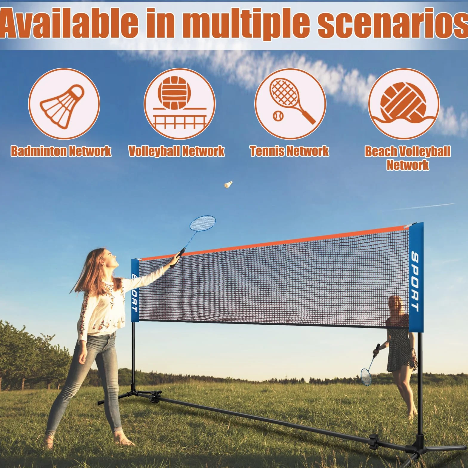 AKOZLIN Rete da badminton portatile, regolabile in altezza, con pali e borsa per il trasporto, per badminton, pallavolo, tennis, pickleball, calcio, tennis, facile installazione, 3 m/4,1 m/5,1 m