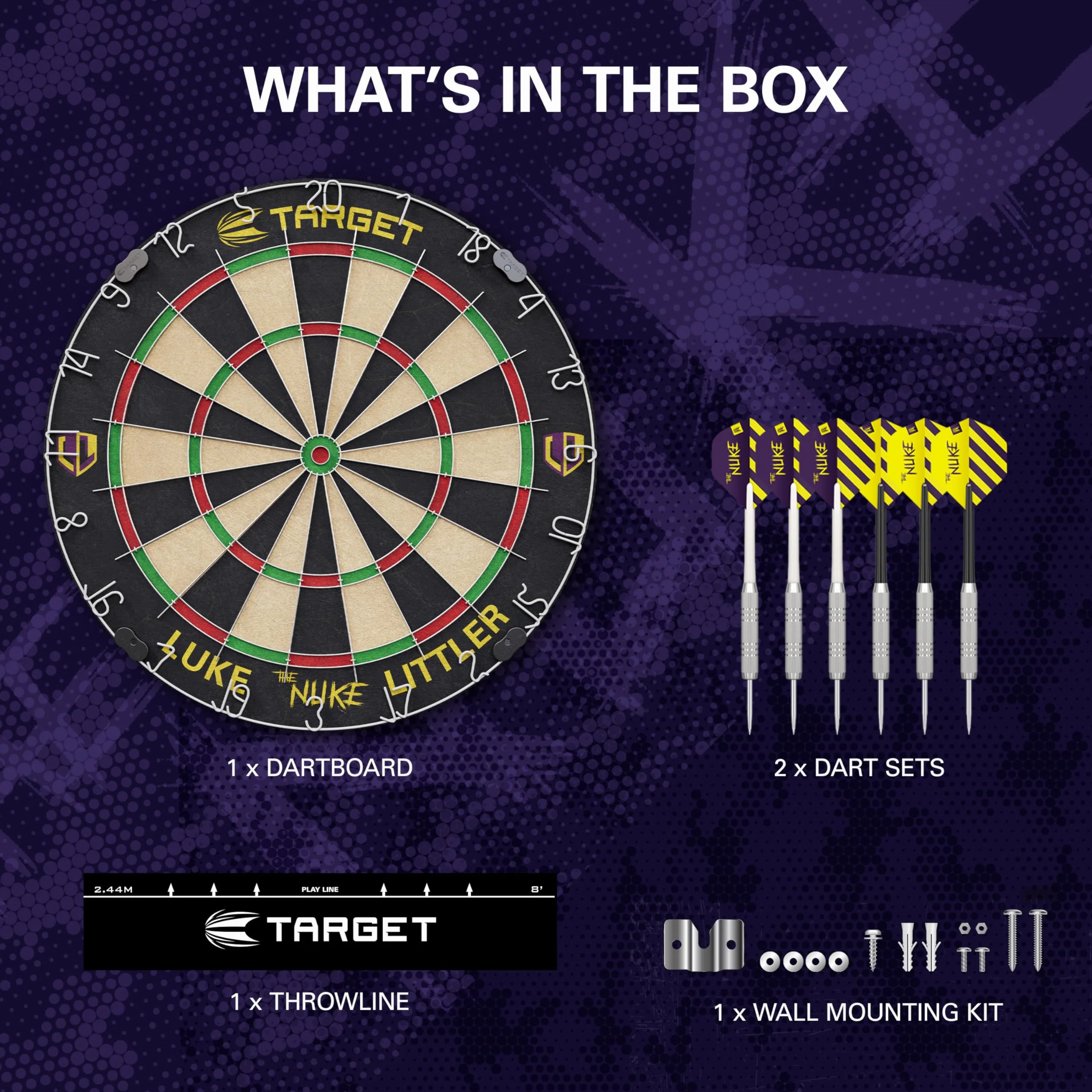 Target Darts Player Dartboard Set | Luke Littler/Dimitri Van den Bergh/Gabriel Clemens | Player Edition Dart Board con 2 Set di Freccette con punta in Acciaio, Linea di Lancio Standard da Competizione