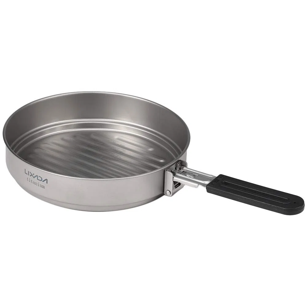 Lixada 1100ml Titanium Fry Pan Ultralight Grill Padella Antiaderente da Campeggio Pentole da Campeggio Backpacking Padella in Titanio con Maniglia Pieghevole, Outdoor Cooking Grill Padella