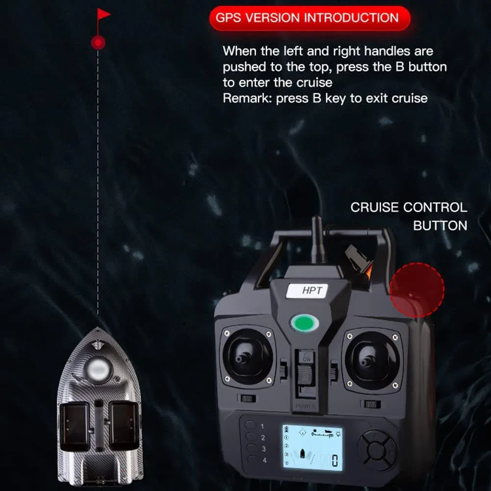 Barca da pesca con esca da 500 m, barca da pesca telecomandata GPS con 3 contenitori per esche, ecoscandaglio automatico con luce notturna a LED, tramoggia di carico da 2 kg,ritorno automatico con una