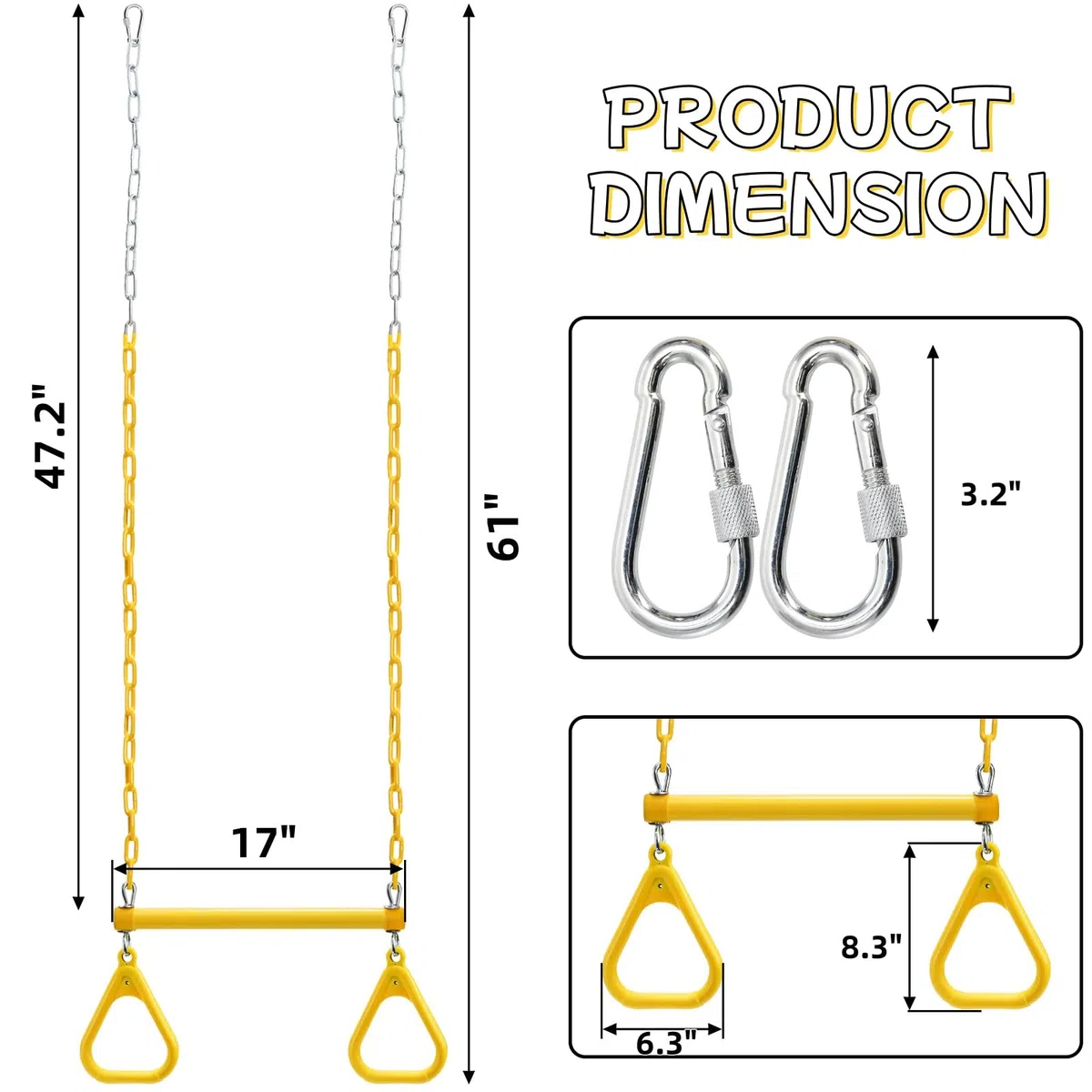 Covzoe Trapezio Swing Bar Anelli, 43,2 cm, catene rivestite in plastica resistente, set catena con bloccaggio, trapezio scimmia bar accessori per casa palestra, allenamento della forza, fitness