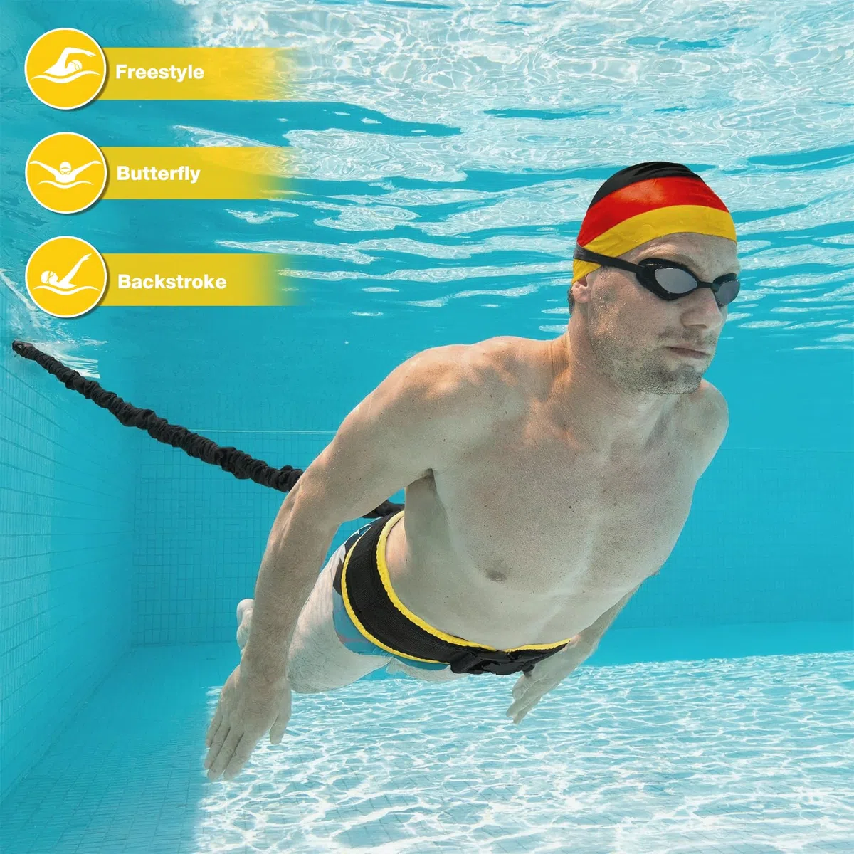 Cintura da nuoto premium per piscina per adulti, 3,5-8 m, con fasce elastiche, per nuoto per adulti, adatta per principianti e professionisti, per nuoto