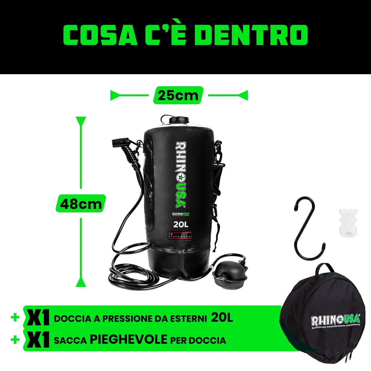 Rhino USA Doccia portatile da campeggio solare da 20 l, essenziale per campeggio, festival, overlanding, gite in spiaggia, doccia all'aperto e molto altro ancora