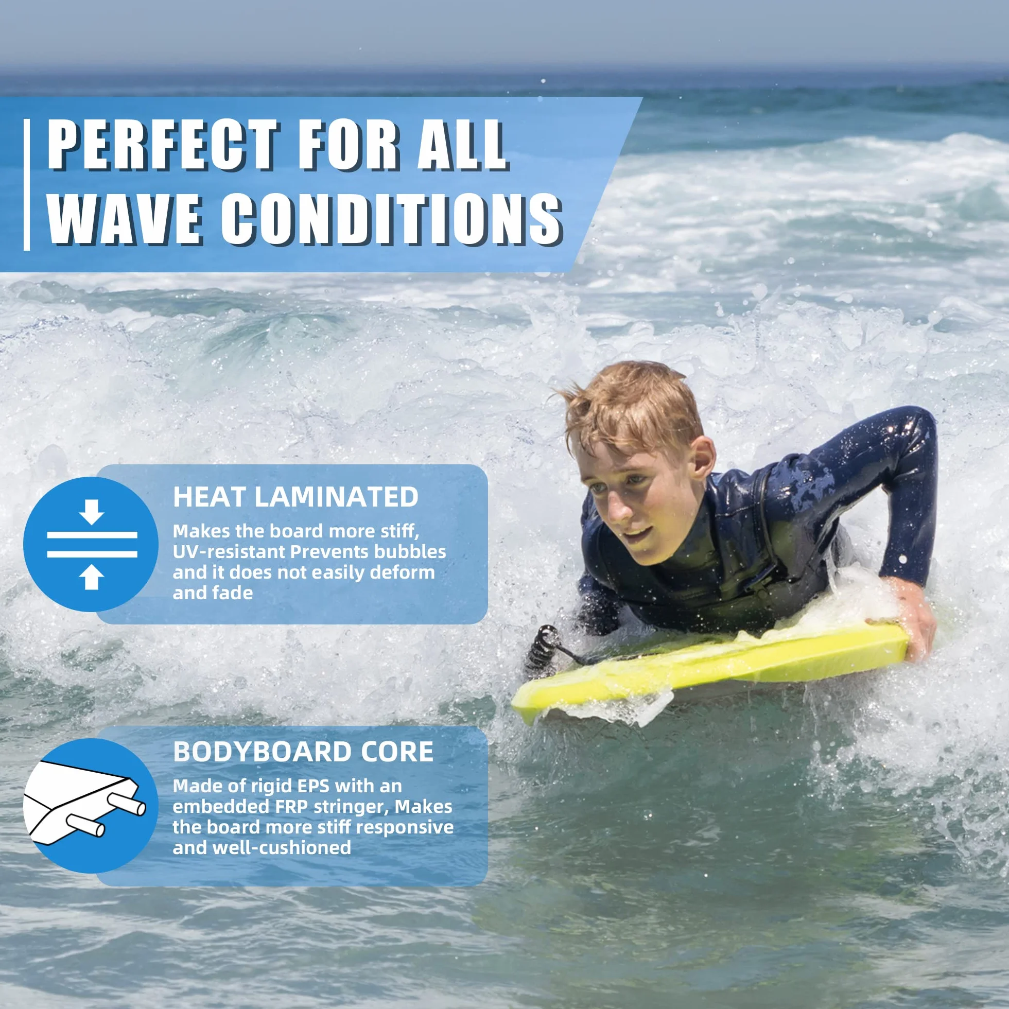 Body Board per spiaggia, leggero, resistente, con nucleo in EPS a doppio canale, doppio cavo girevole da polso a spirale, ideale per resort estivi e spiaggia divertente stemma