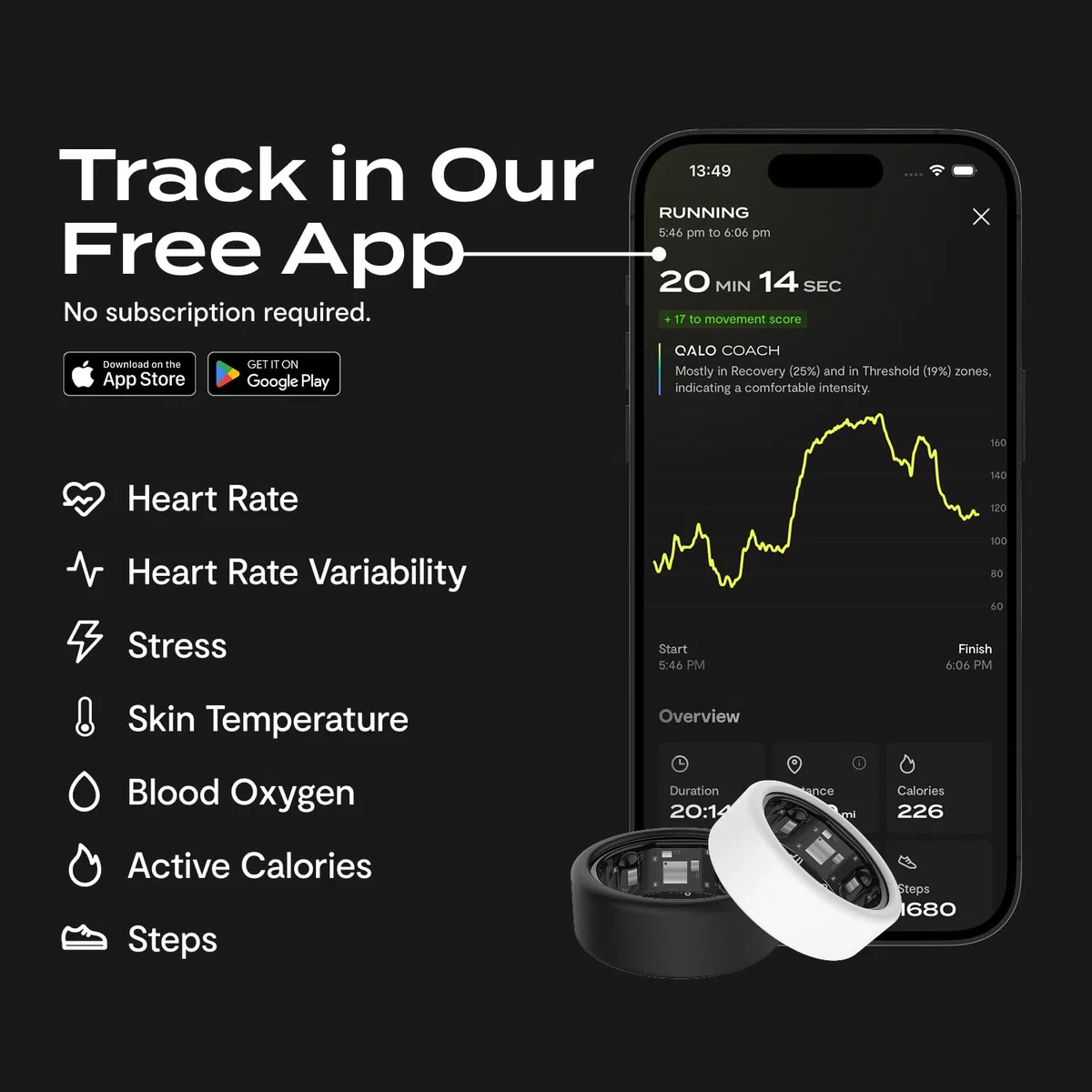 QALO QRNT Slim Smart Ring - Fitness Tracker leggero in titanio resistente all'acqua, monitoraggio avanzato per sonno, passi, HRV, salute delle donne, senza costi di abbonamento, compatibile con iOS e