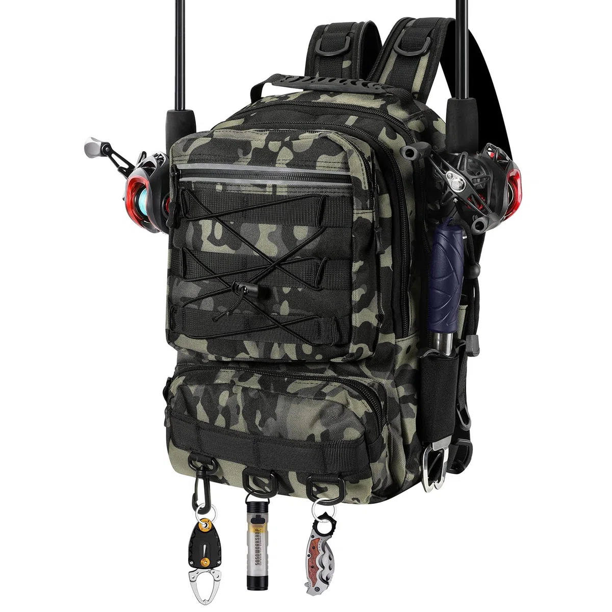MoKo Zaino da pesca impermeabile con portacanne, verde mimetico | Borsa da pesca in nylon con 3 tasche, supporto per 2 canne e spallacci regolabili per campeggio ed escursionismo.