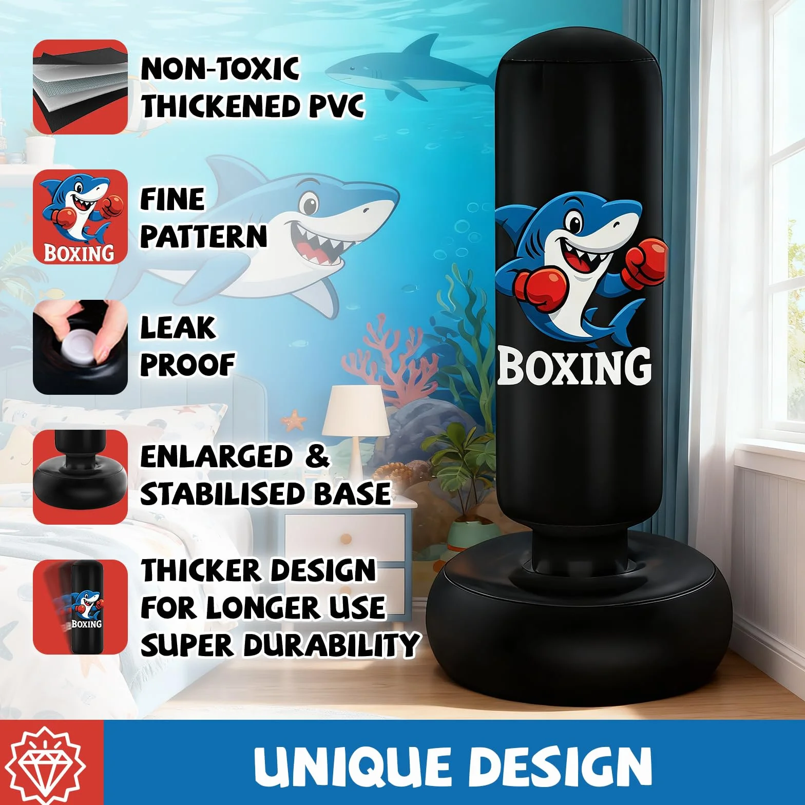 Qoosea Sacco da Boxe per Bambini 3-8 Anni, 130cm Stabile Sacco da Boxe Gonfiabile con Guanti da Boxe, Pratica di Taekwondo Karate Attrezzatura da Allenamento MMA, Regalo per Ragazzi Ragazze