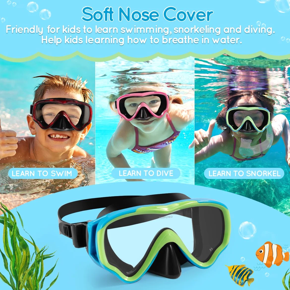 Maschera subacquea per bambini, anti-appannamento e anti-perdite, occhiali da snorkeling impermeabili in vetro temperato, per bambini dai 4 ai 14 anni