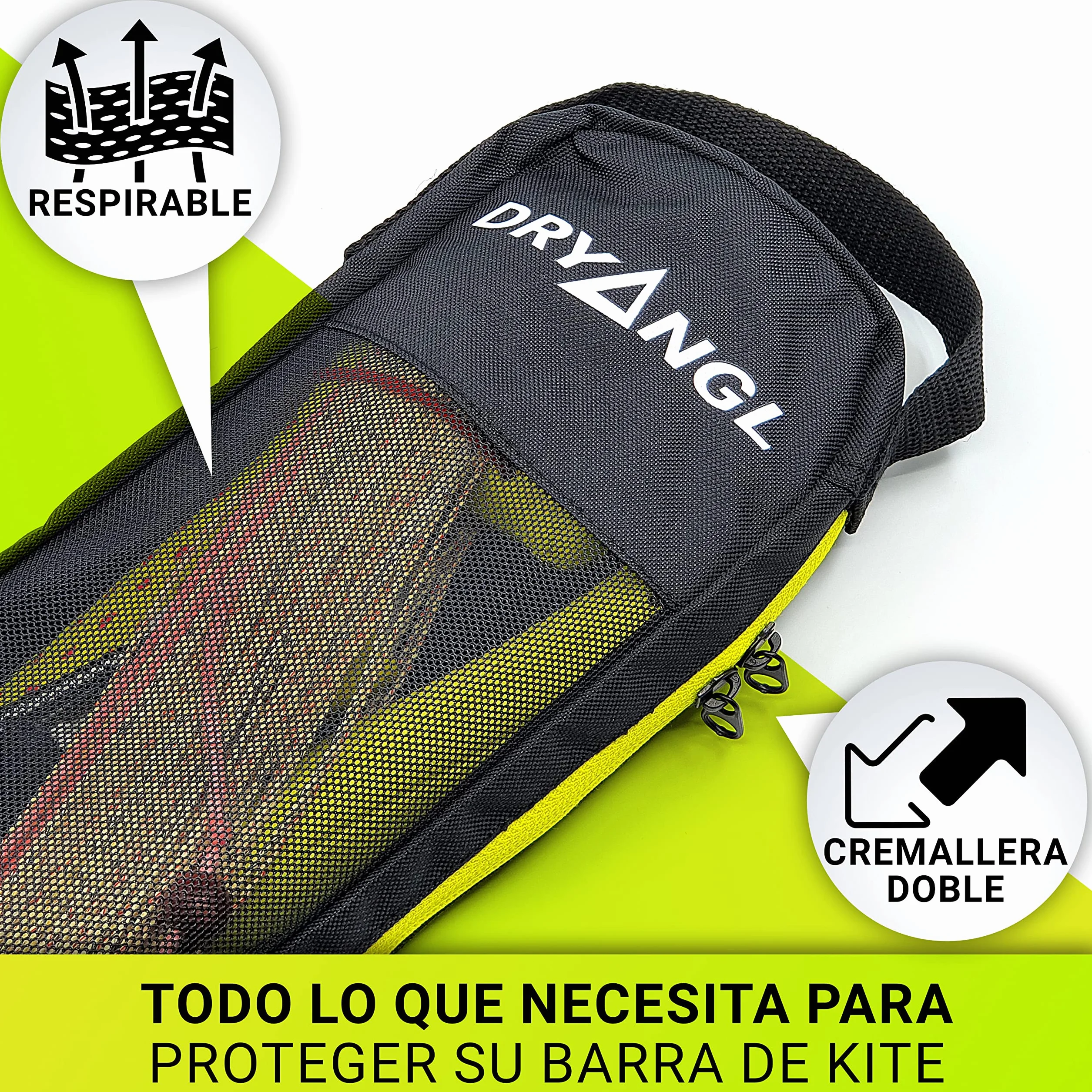 Borsa di protezione per barra kitesurf, con cerniera su entrambi i lati e inserto in rete traspirante, pratica maniglia a fettuccia e passante per appenderla. Kite control bar bag, 60x12x4,5cm
