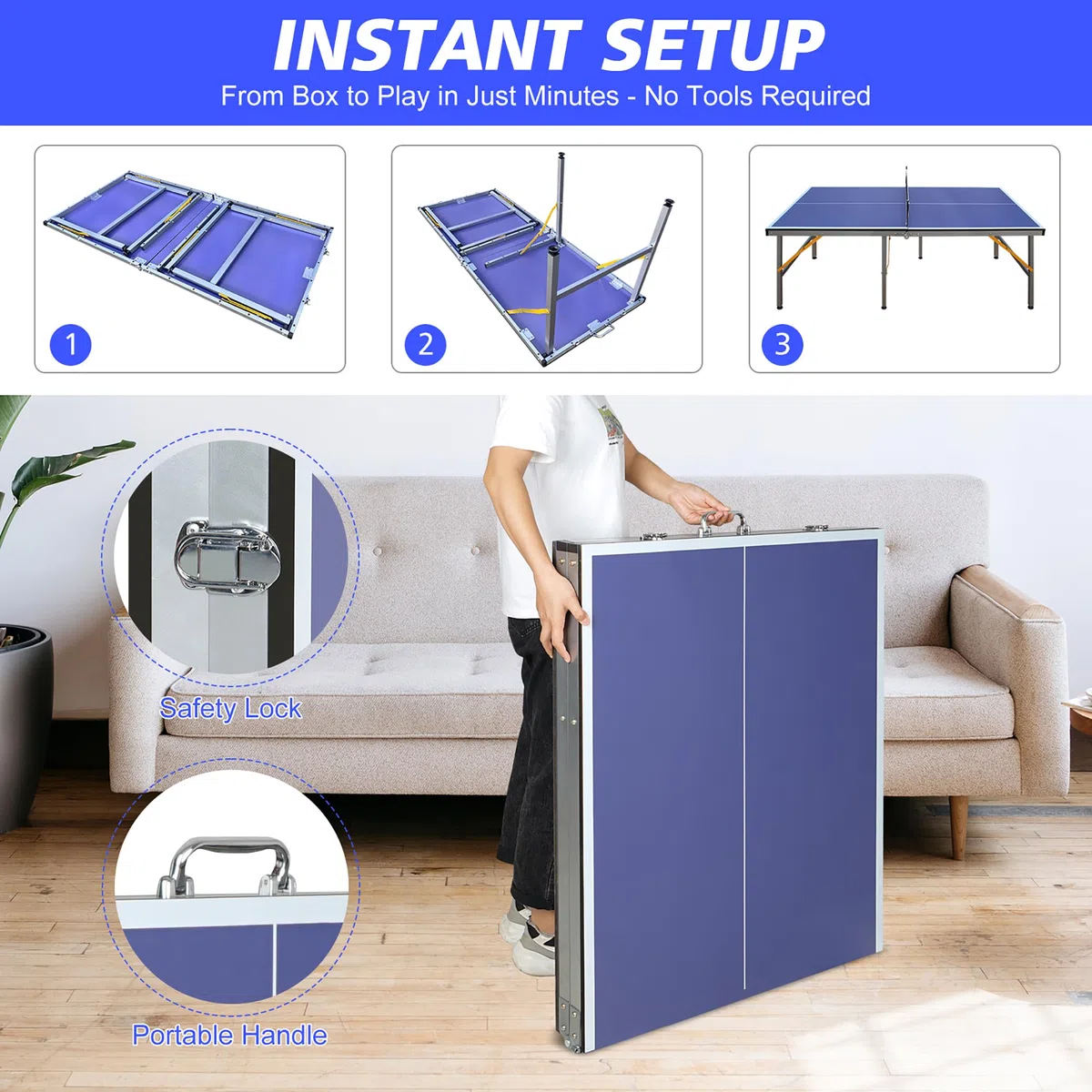 Tavolo da ping pong pieghevole da 137 cm, set da ping pong con rete e 2 racchette, pannello in MDF, gambe in metallo a U, salvaspazio, per interni ed esterni, bambini e adulti