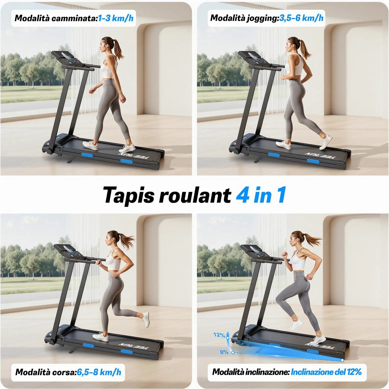 Tapis roulant, 4 in 1 - Inclinazione del 12% - Motore da 2,5 CV - Velocità da 1 a 8 km/h - Dotato di display a LED e console di controllo - Pieghevole