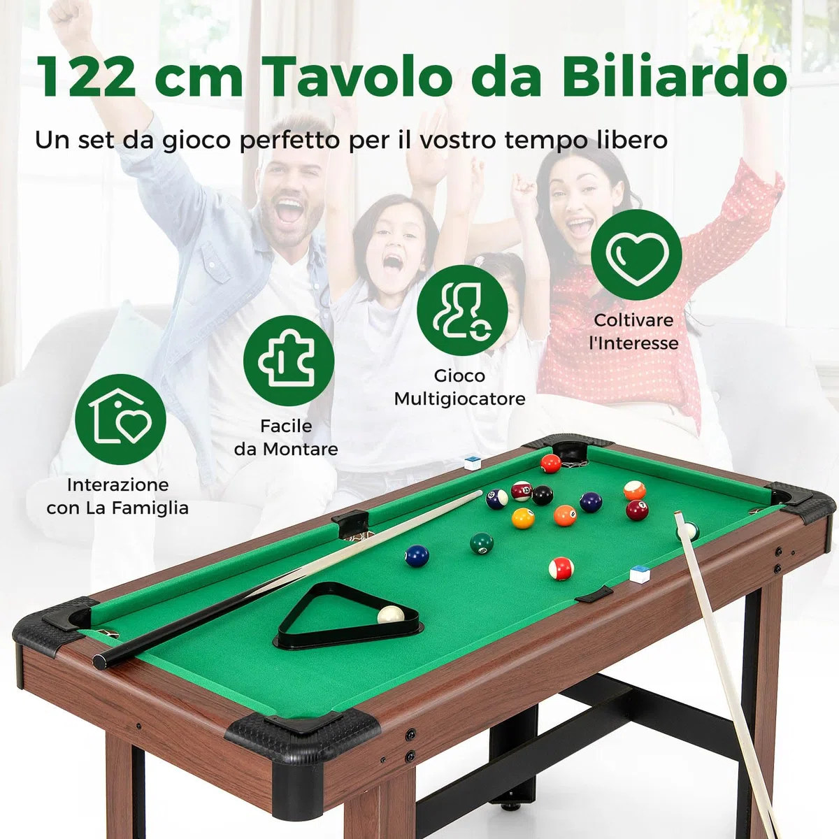 GYMAX Tavolo da Biliardo di 122cm, Tavolo da Pool in Legno con 16 Palline, 2 Stecche, 2 Gessetti, Triangolo, Spazzola, Piedini Regolabili, Tavolo da Gioco per Bambini e Adulti