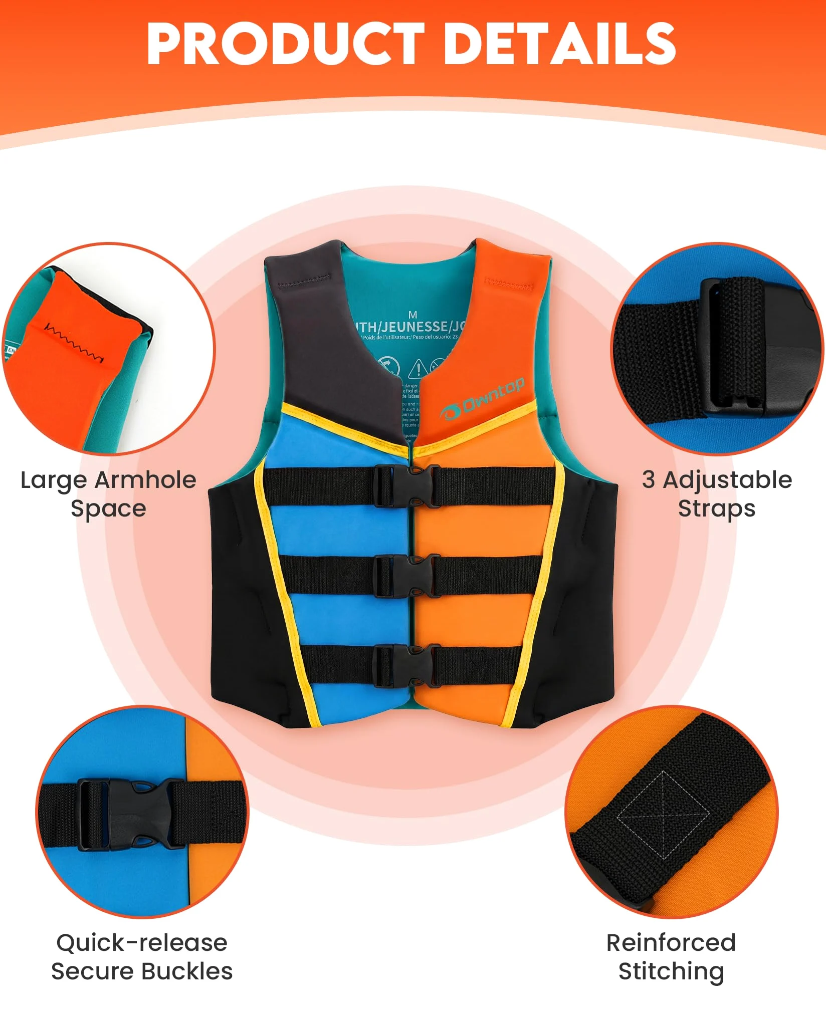 Owntop Gilet da Nuoto Junio, Aiuto al Galleggiamento in Neoprene per Ragazzi e Bambini con Tre Cinghie di Sicurezza Regolabili, Gilet Galleggiante Leggero per Kayak, Barca e PaddleMulticoloreL