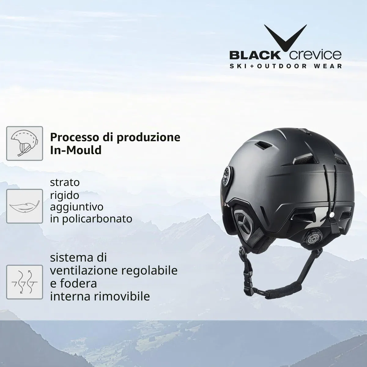 BLACK CREVICE Casco da sci Vail I Casco da sci con visiera stile pilota in diversi colori I Casco da sci per Uomo & Donna I Casco da sci in policarbonato I Casco traspirante I Regolabile