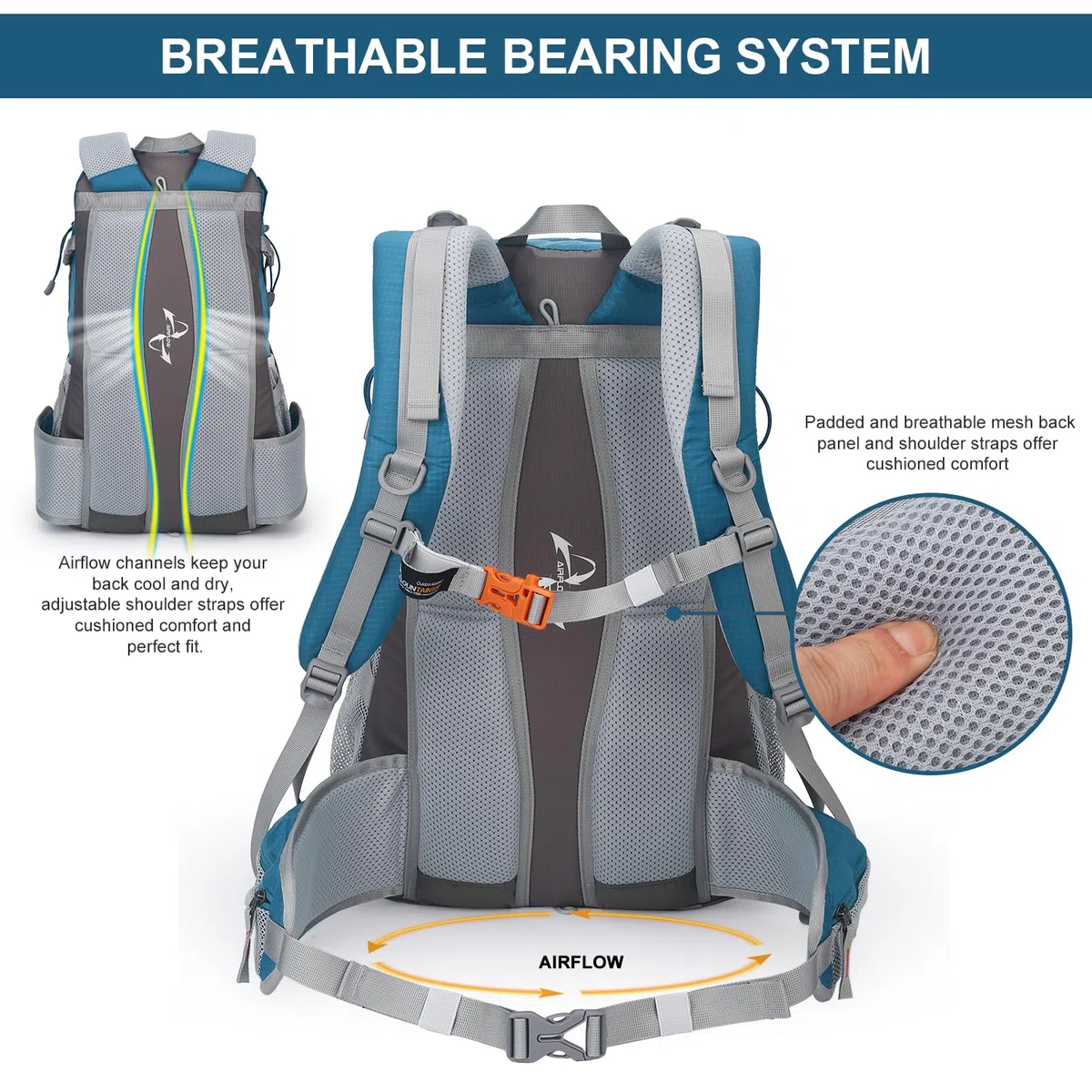 Mountaintop Zaino da trekking da 25 l/40 l, unisex, per escursioni, 40 l, blu mare, 40 L | Zaino da trekking YKK, con protezione antipioggia, per campeggio, viaggi