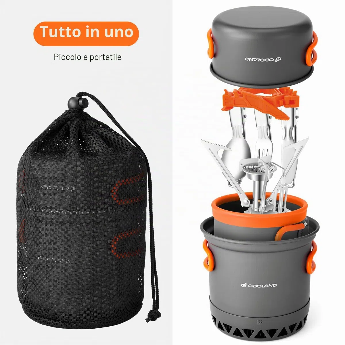 Odoland Kit di pentole da campeggio, 6 pezzi, alluminio, pentola antiaderente, mini fornello, tazza, posate e custodia, design efficiente