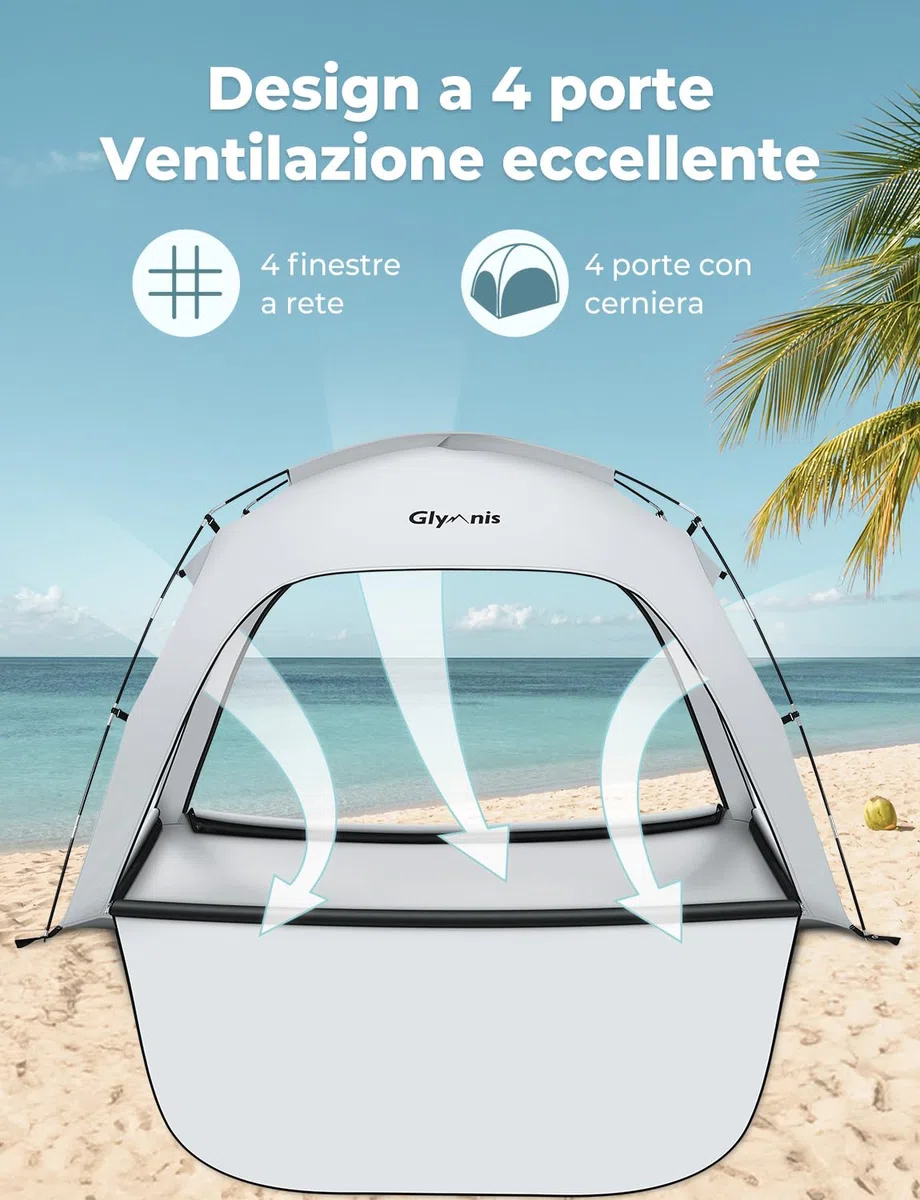 Glymnis Tenda da Spiaggia Grande Adatta a 3-4 Persone, Tenda da Spiaggia Portatile con Cerniera, Leggera Tenda Sole Spiaggia con Dimensioni di 220 x 180 x 125 cm, Facile da Montare, UPF 50+