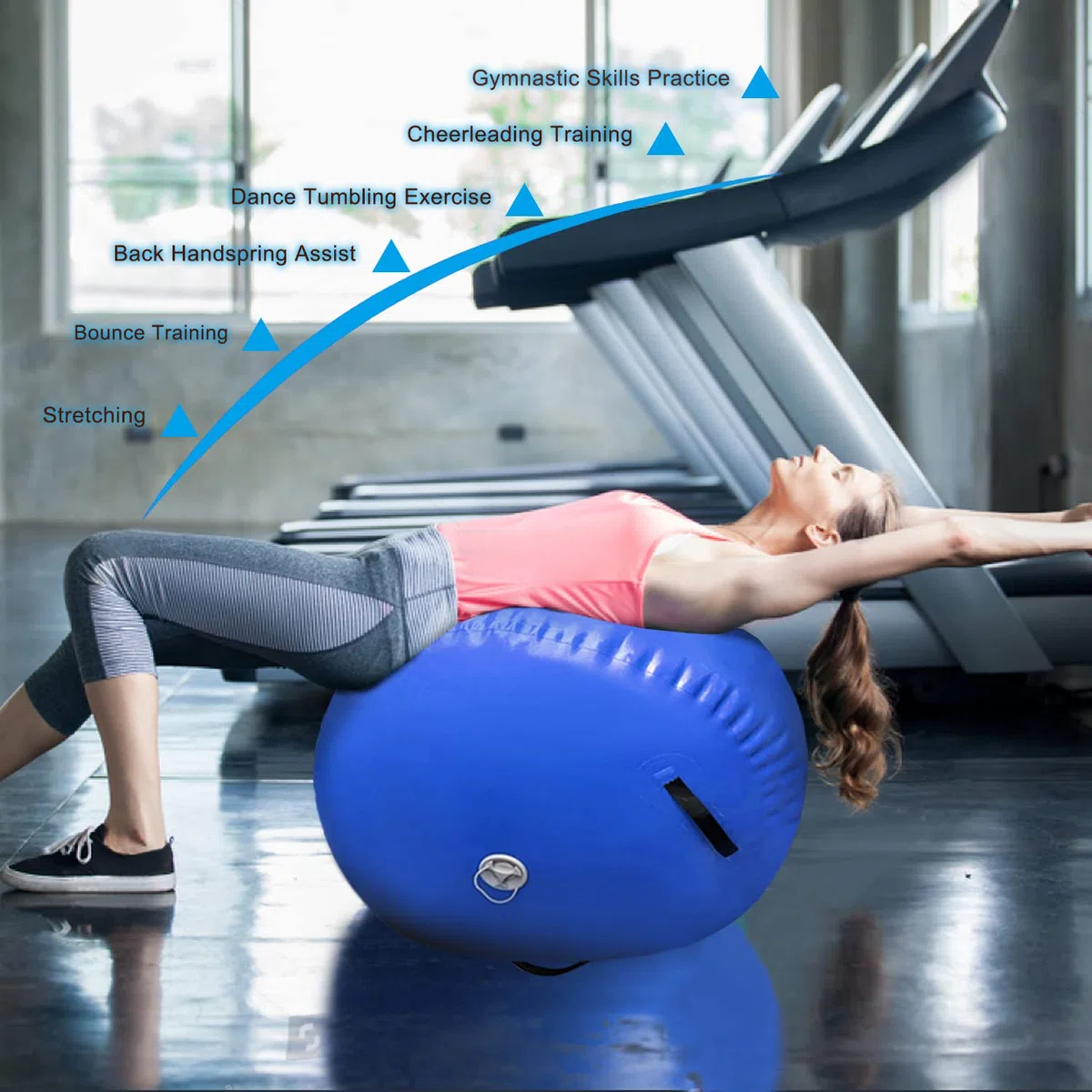 Rullo gonfiabile, per ginnastica, allenamento, cilindro, per yoga, con pompa (blu, 100 x 60 cm)