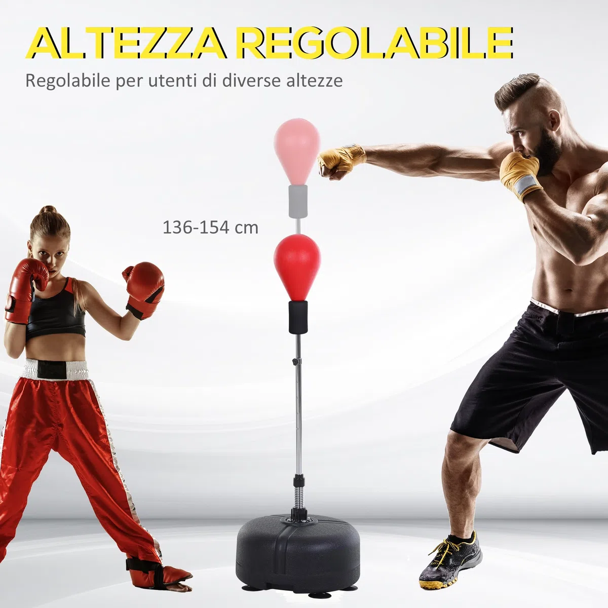 HOMCOM Punching Ball da Terra, Sacco da Boxe da Terra con Base Riempibile, Ventose e Guantoni, Altezza Regolabile 4 Livelli da 136-154 cm, Speed Bag per Home Gym Casa e Palestra
