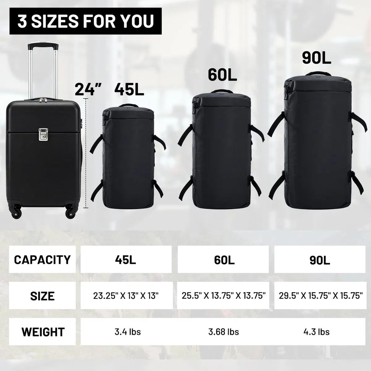 MIER Grande borsone sportivo da palestra con scomparto per scarpe, resistente e impermeabile, nero, 45L/60L/90L