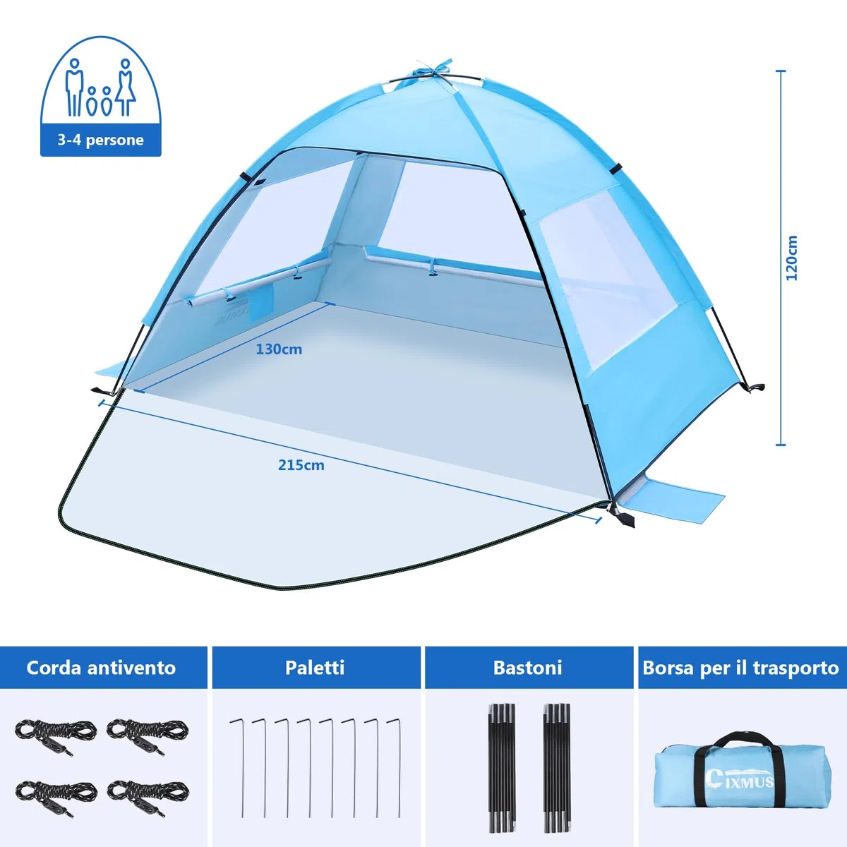 Tenda da Spiaggia e Campeggio, Tenda da Sole UV50+ Pieghevole e Impermeabile, Portatile con Massima Ventilazione e Finestre a Rete, Rifugio Stabile per Bambini e Famiglia