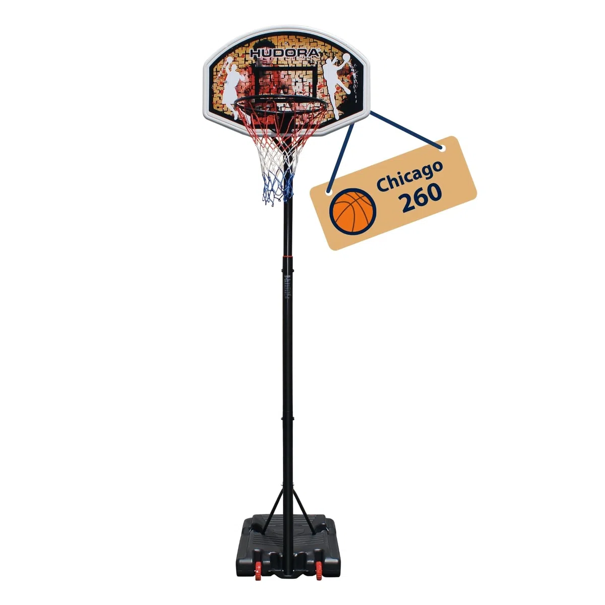 HUDORA Basketballständer Chicago - Basketball Ständer von 206-260cm höhenverstellbar - Mobiler Outdoor Basketballkorb für Kinder/Jugendliche & Erwachsene - Basketballkorb mit Ständer & Rollen