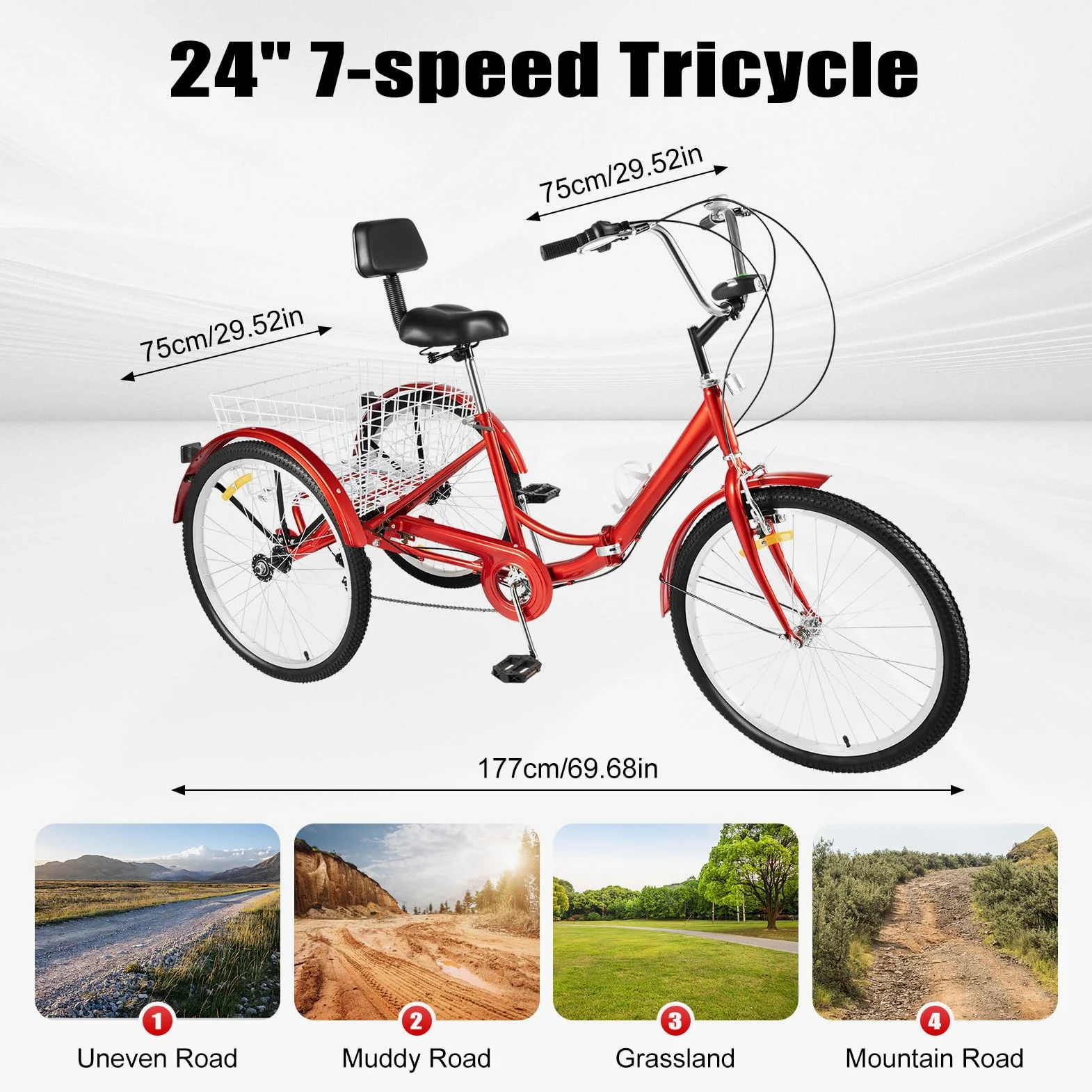 24 pollici, triciclo pieghevole, 7 marce, 3 ruote, con cestino della spesa e luce LED, bicicletta per adulti con portabottiglie e altezza regolabile