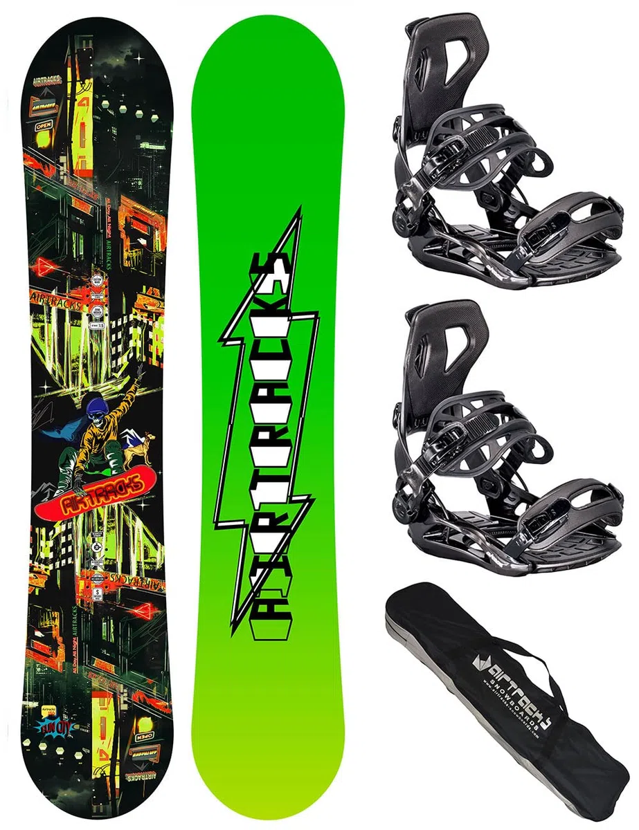 Airtracks Set da snowboard Fun City Carbon Wide Hybrid Rocker + Bindung Master Fastec + Snowboard Bag 150 155 160 cm