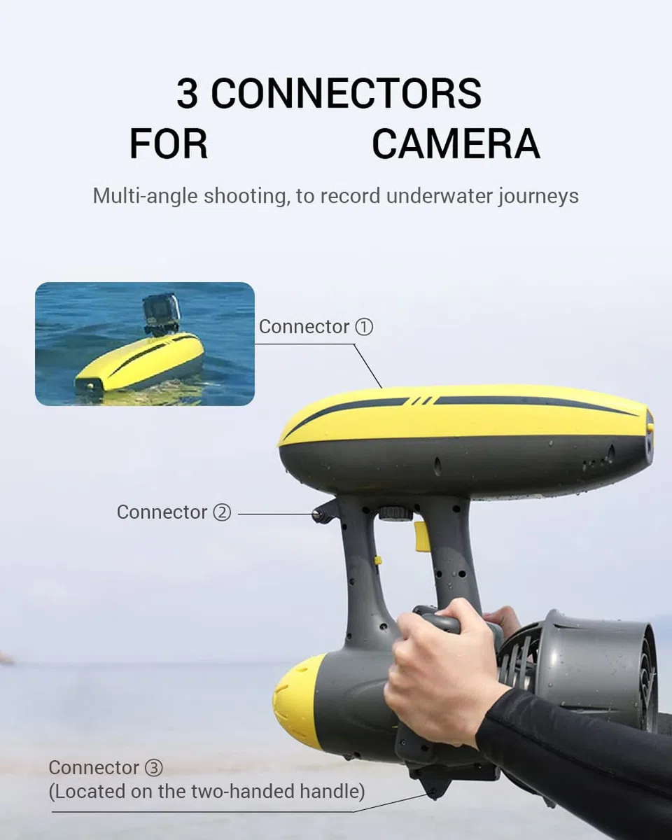 Monopattino subacqueo con 3 supporti per fotocamera, propulsore per immersioni subacquee, snorkeling, avventure in piscina, attrezzatura per sport acquatici per avventure in mare