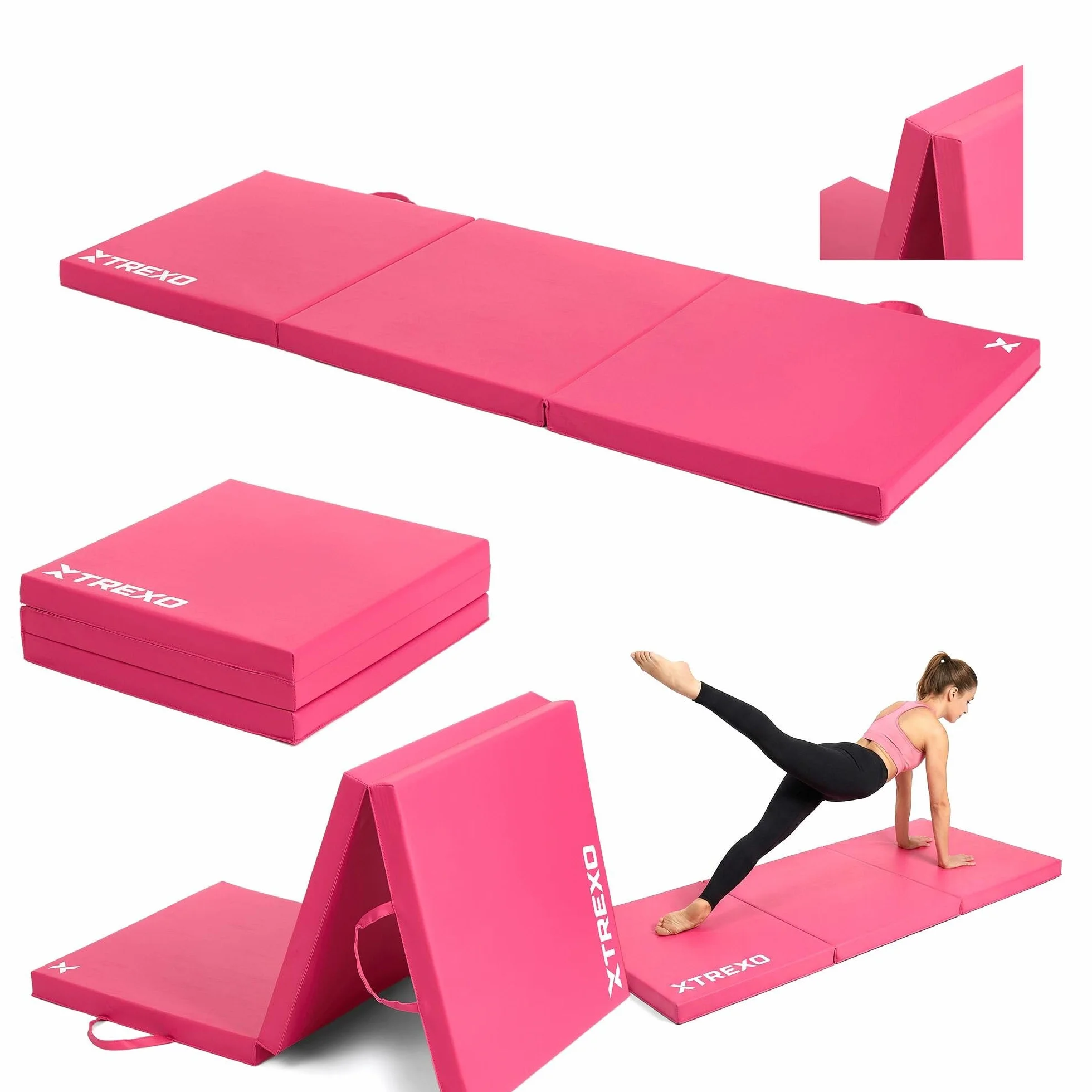 TREXO Materasso da ginnastica pieghevole, 180 x 60 x 5 cm, 3 pezzi, rivestimento in pelle ecologica resistente all'abrasione, schiuma PE flessibile, maniglia per il trasporto, facile da pulire