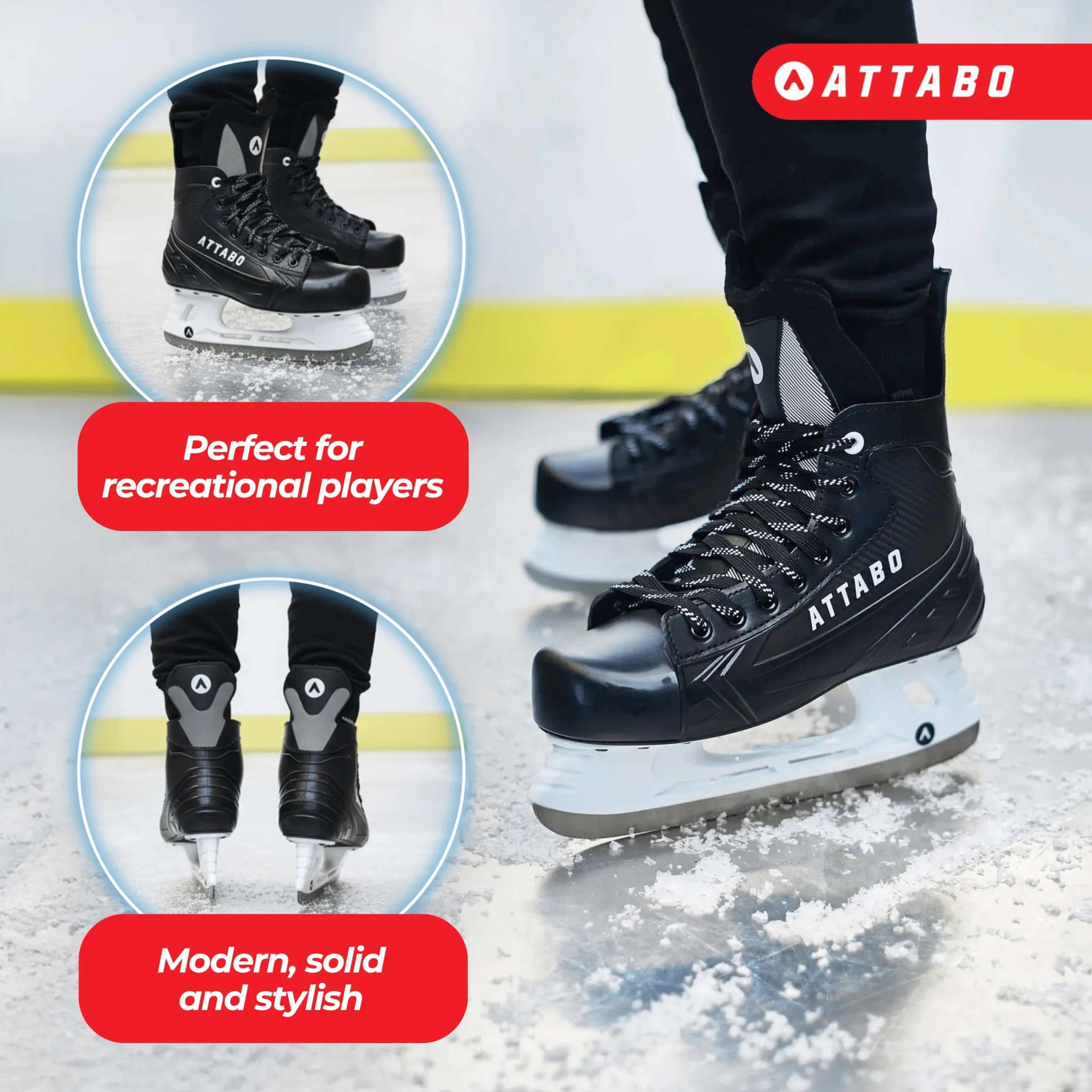 ATTABO Pattini da Hockey su Ghiaccio, da Uomo, in Nero, Taglia 39 EU, in Acciaio Inox, Resistente, Stabile Protezione della Caviglia, Chiusura con Lacci, Comodi e durevoli per esperti