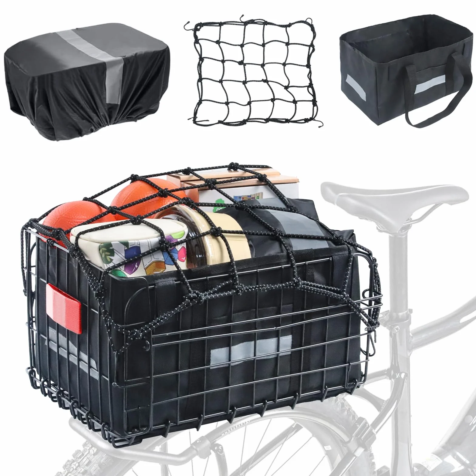 Wdmiya Cestino posteriore per bicicletta, cestino pieghevole per bicicletta con rete per bagagli, fodera portatile e copertura impermeabile per il pendolarismo, lo shopping o i viaggi brevi