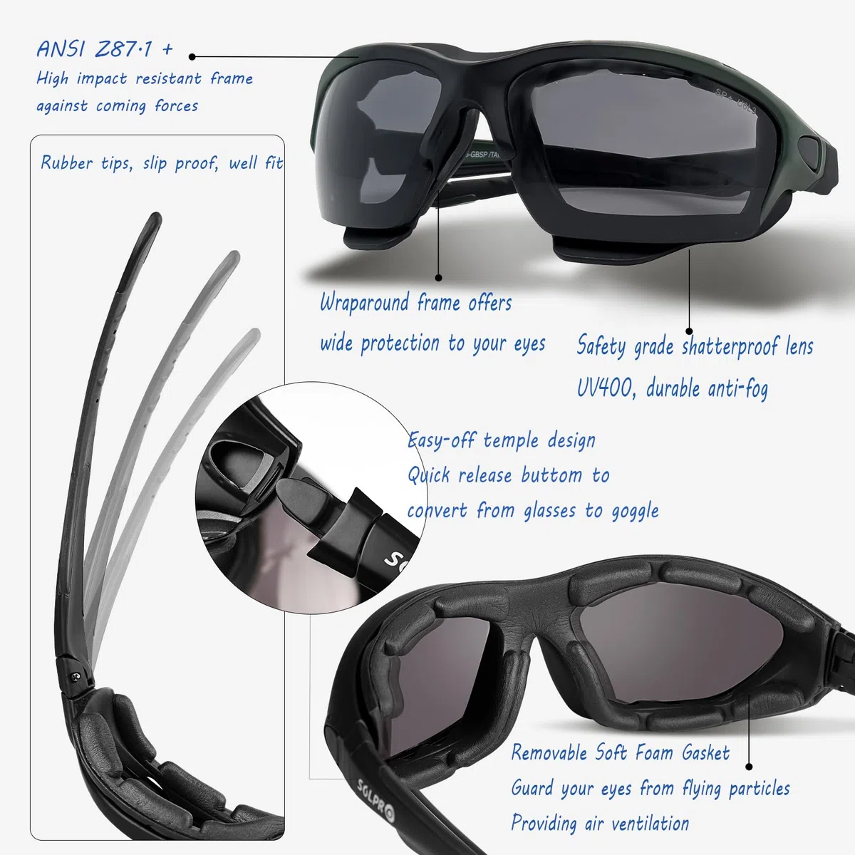 SOL PRO Powersports, occhiali protettivi per moto, anti-appannamento, antivento, caccia, equitazione, falciatura, uomo e donna