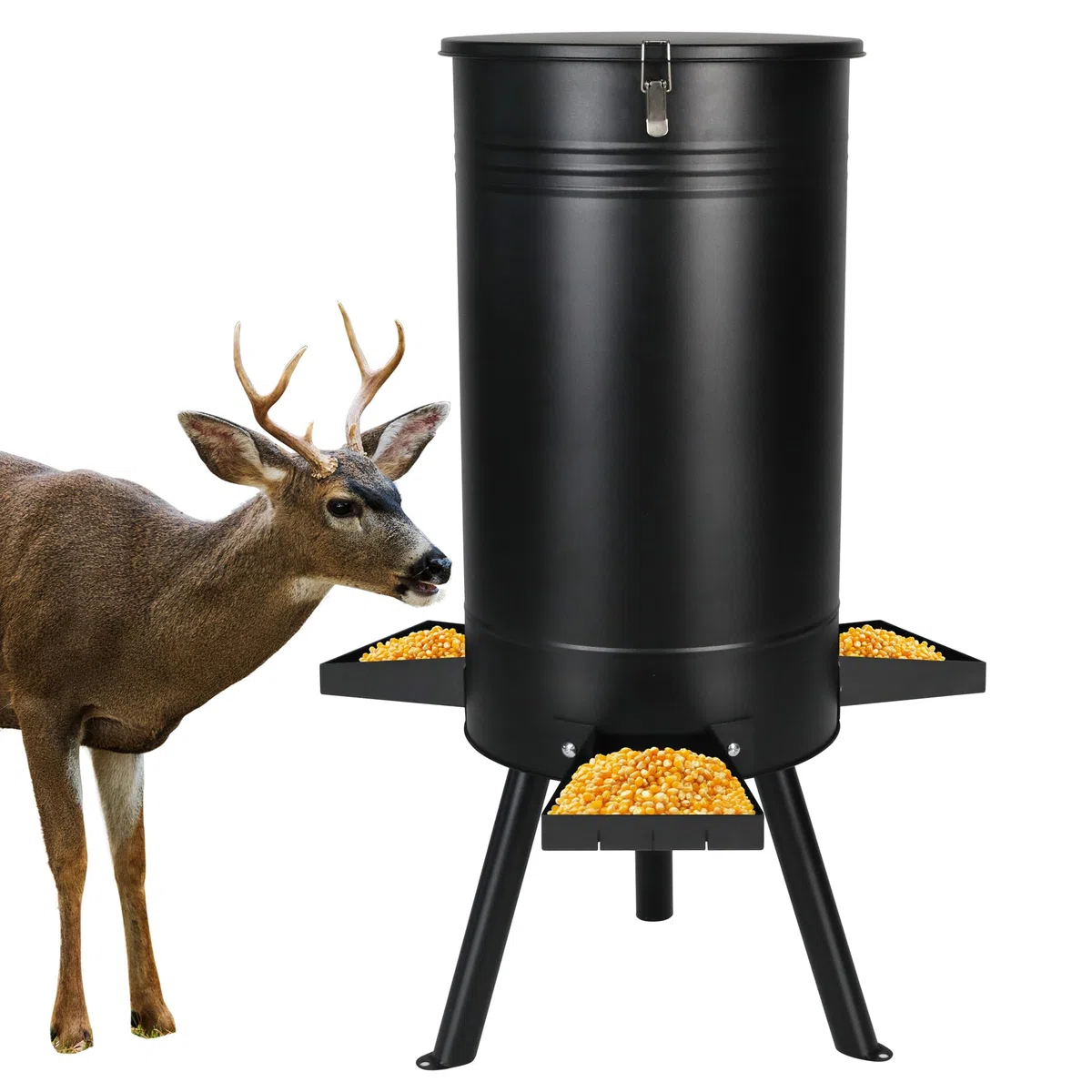 Grande barile per l'alimentazione dei cervi, mangiatoia in metallo per la caccia, mangiatoia a gravità portatile per cervi, dispensatore automatico, resistente alle intemperie, B819A01