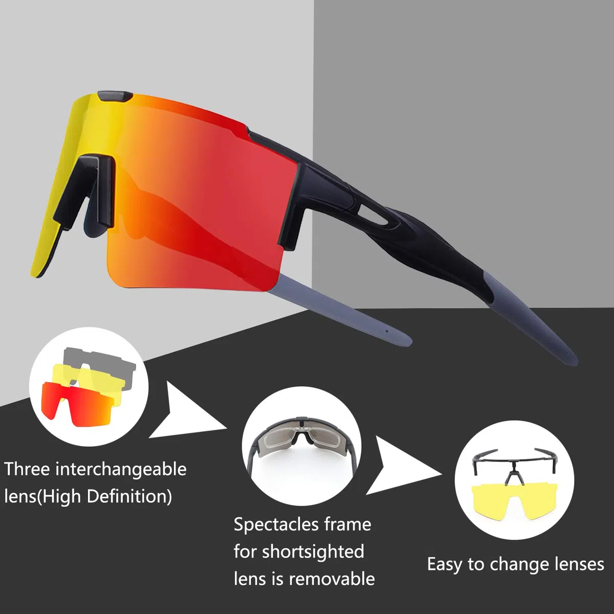 DUDUKING Occhiali da Sole Ciclismo Occhiali MTB Sportivi per Uomo e Donna con 1 o 3 Lenti Colorati Anti-UV Antivento Aviatore Specchio per Ciclismo Guida Pesca Running Golf Bici Moto
